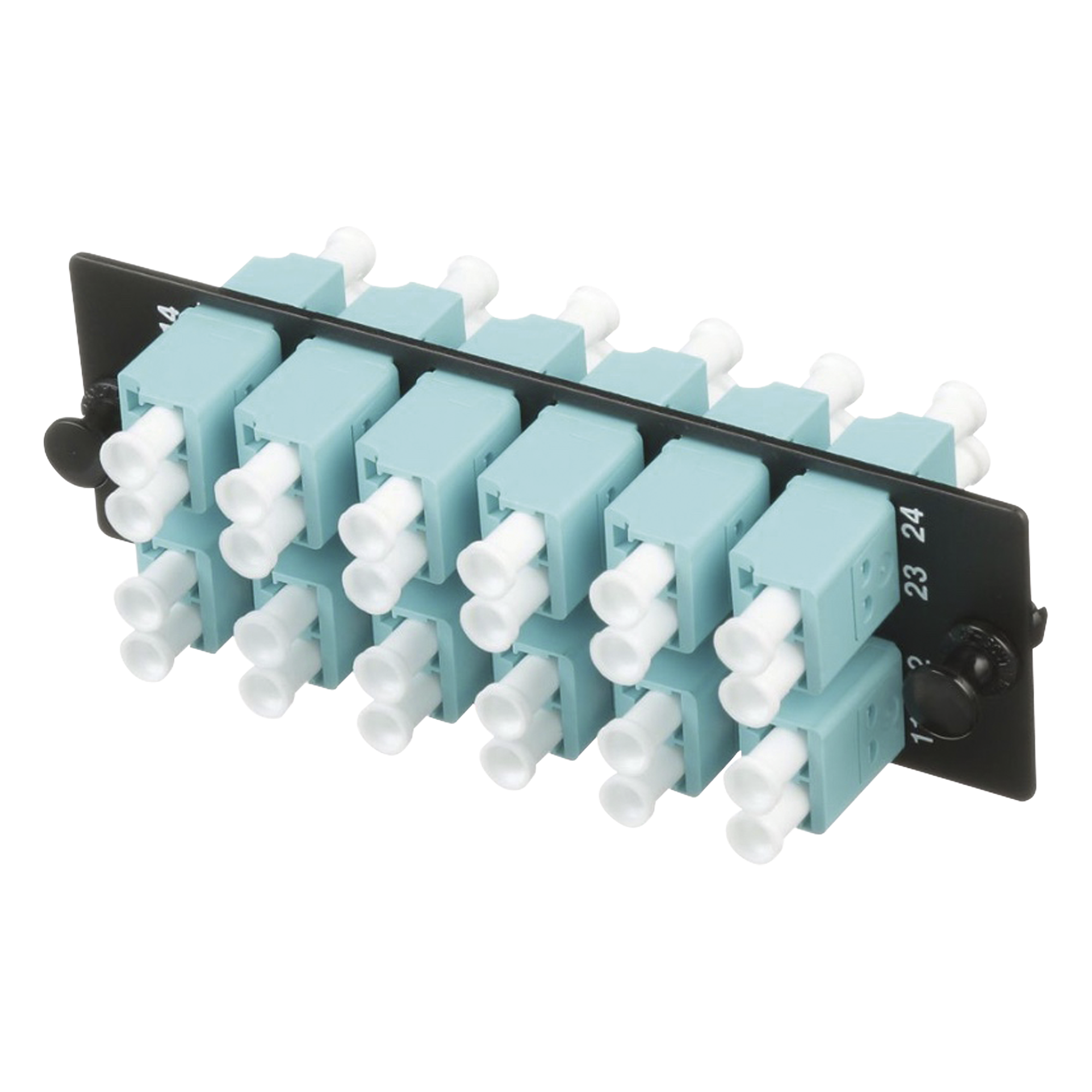 Placa Acopladora de Fibra Óptica / 12 LC Duplex / 24 Fibras OM3/OM4 / Color Aqua / Montaje 1RU/2RU/4RU/Zero RU — PANDUIT · SKU FAP12WAQDLCZ