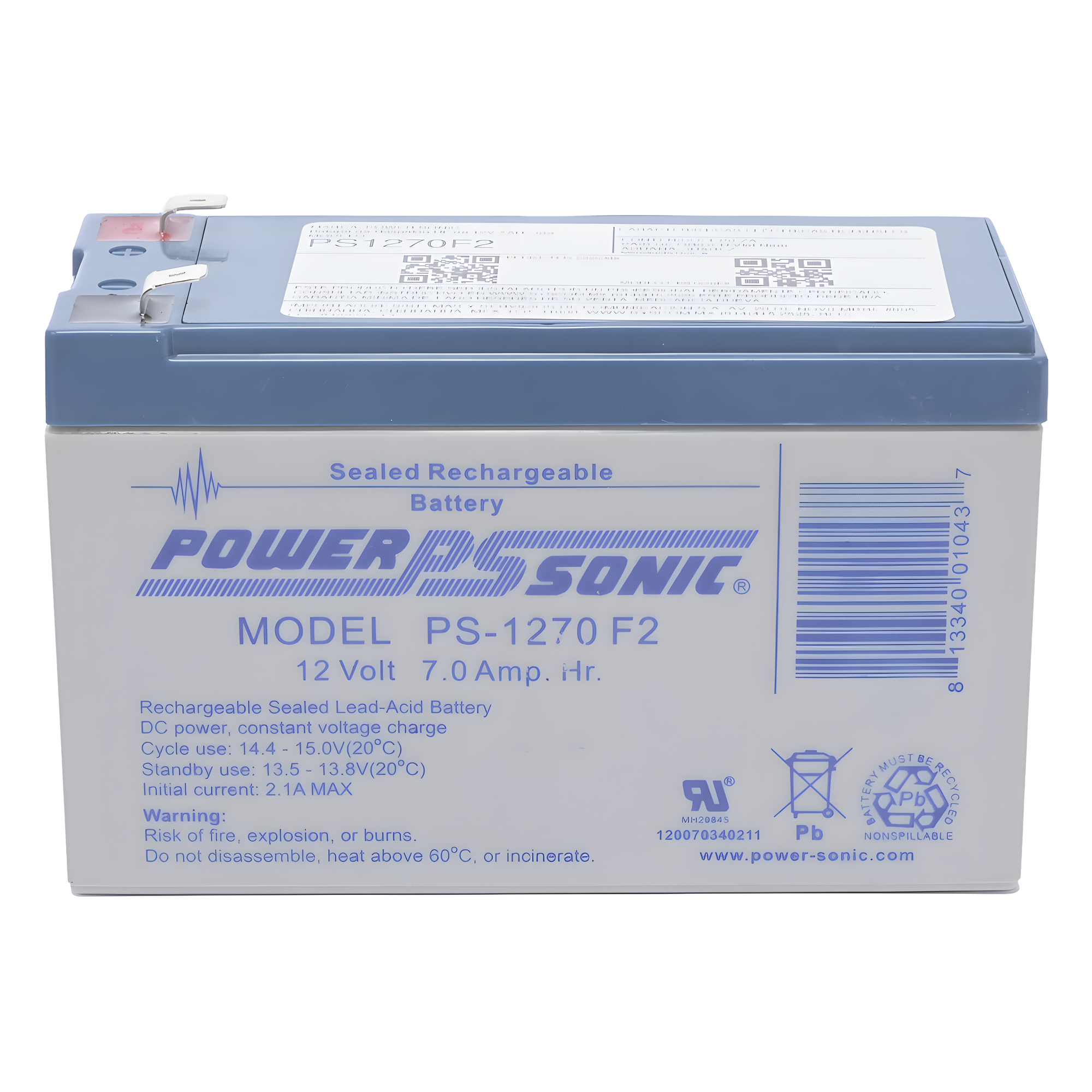 Batería de Respaldo AGM/VRLA / 12V / 7.0 Ah / Terminales F2 / 5 Años Vida Útil / Certificación UL — POWER SONIC · SKU PS-1270-F2
