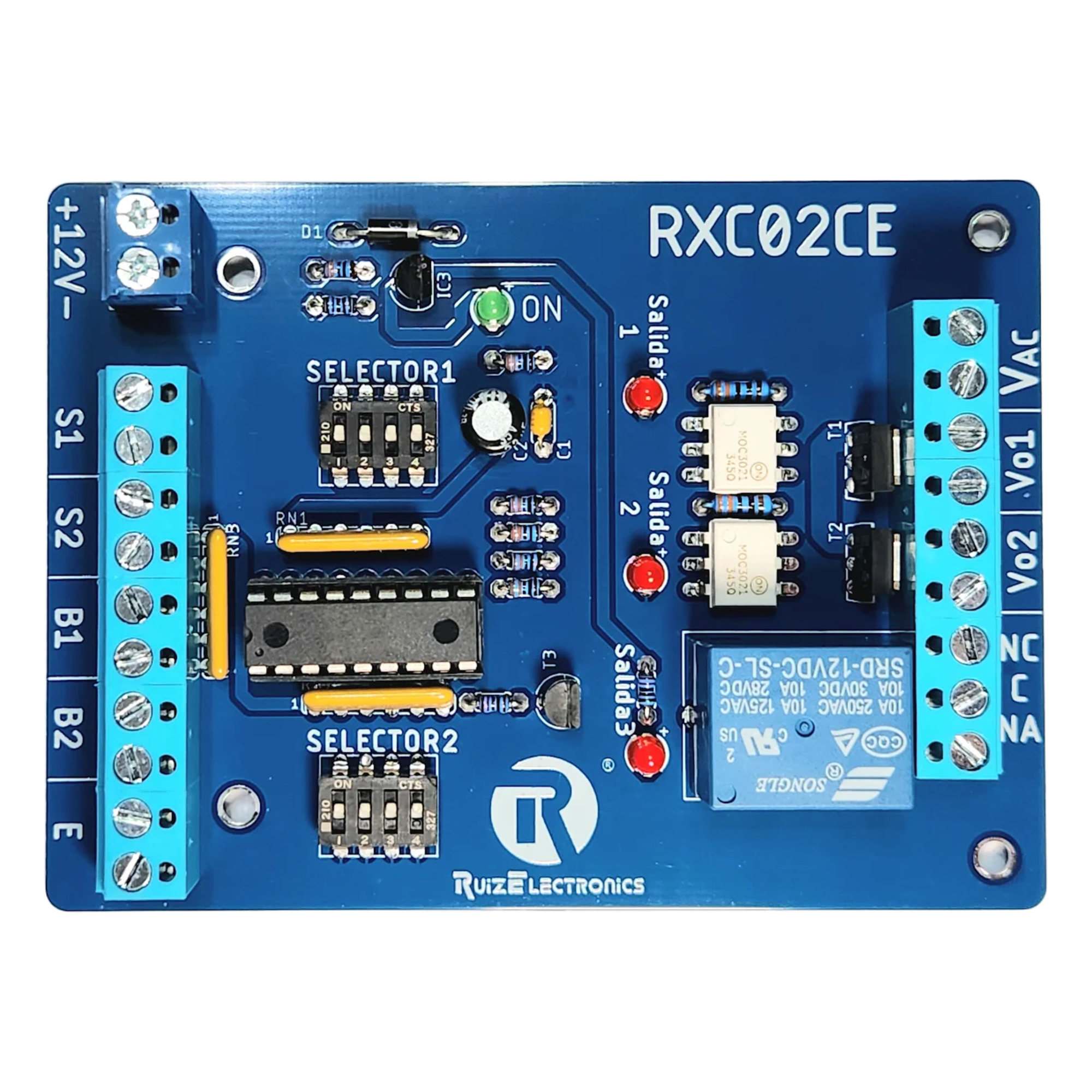 Controlador de Esclusas / 2 Puertas / Cerraduras Eléctricas / Temporizadores 0-30 seg / Entrada de Emergencia / Alimentación 12VDC — Ruiz Electronics · SKU RXC02CE