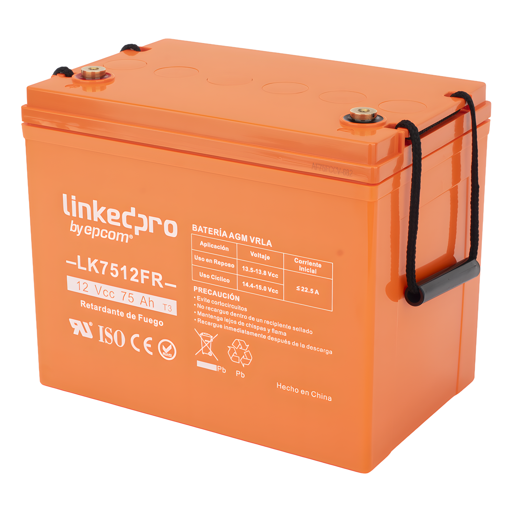 Batería de Respaldo AGM-VRLA / 12 V / 75 Ah / Retardante a la Flama UL94-V0 / Vida Útil 5 Años / Terminales T3 — LINKEDPRO BY EPCOM · SKU LK7512FR