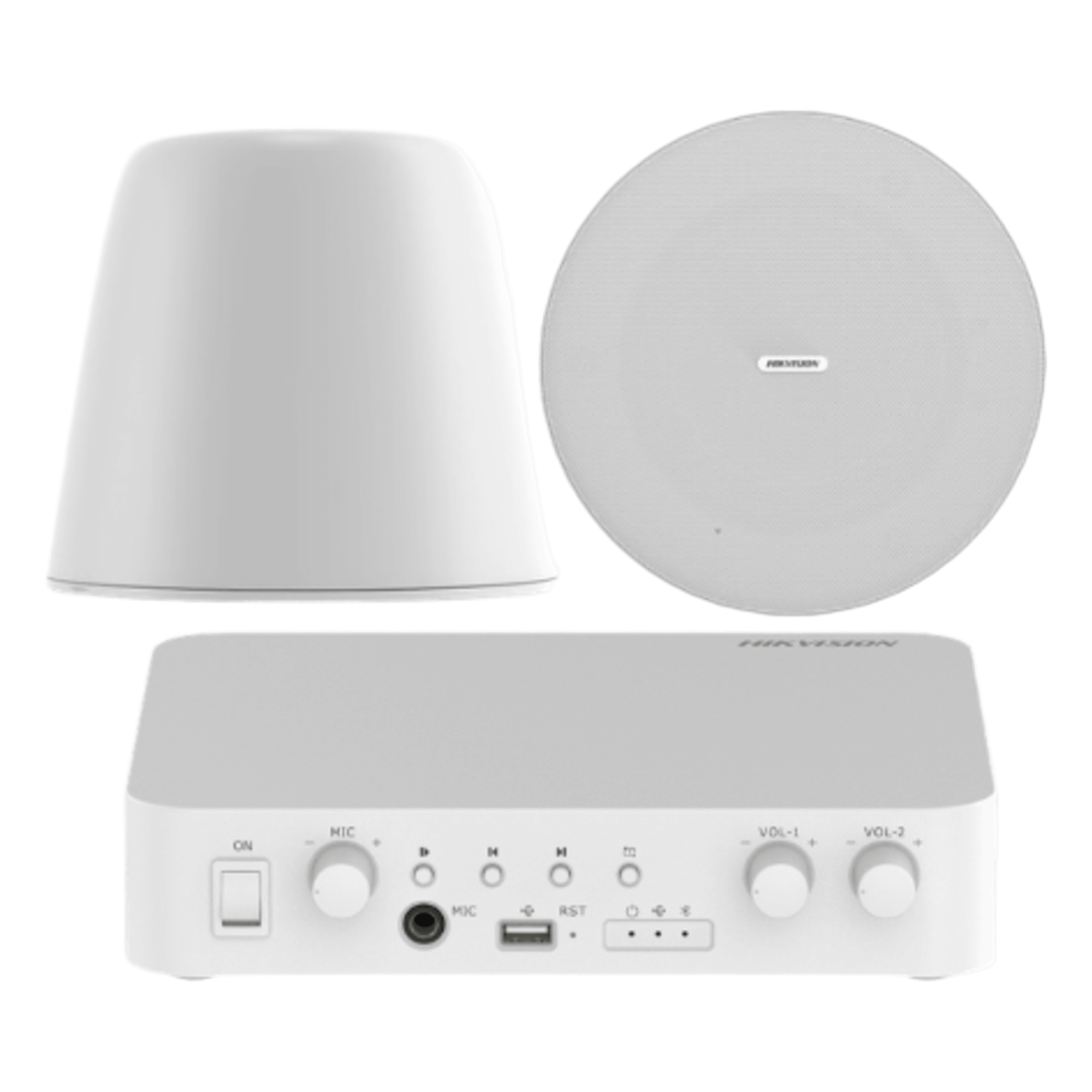 Kit de amplificador compatible con Spotify | Bluetooth | 2 Altavoces Colgantes | sistema 100v | 2 canales con control de volumen independiente | música ambiental — HIKVISION · SKU DSQAEKIT0530/ST