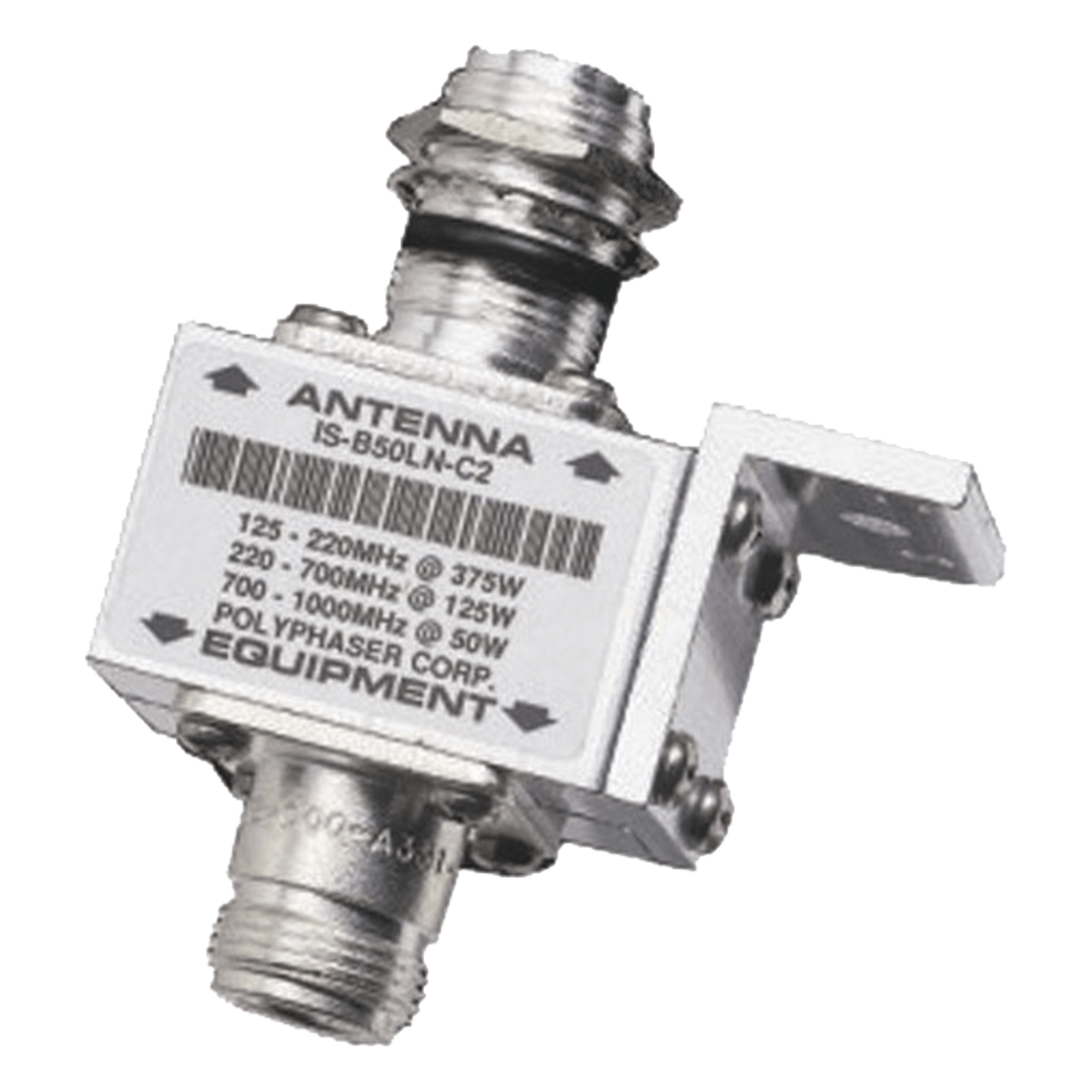 Protector Coaxial RF / 10 MHz a 1 GHz / 50 Ω / Conectores N Hembra / Bloqueo DC / 20 kA / 1,500 W — POLYPHASER · SKU IS-B50LN-C2
