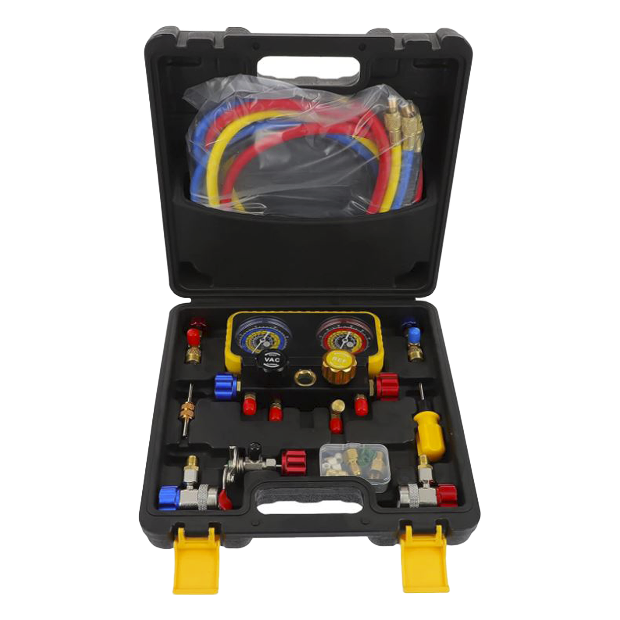 Manómetro de 4 Vías / Compatible con R410A, R32, R134A, R22 / 4 Mangueras 1.5 m / Cuerpo Cobre y ABS / Estuche Incluido — PRECISION · SKU PSTH08002