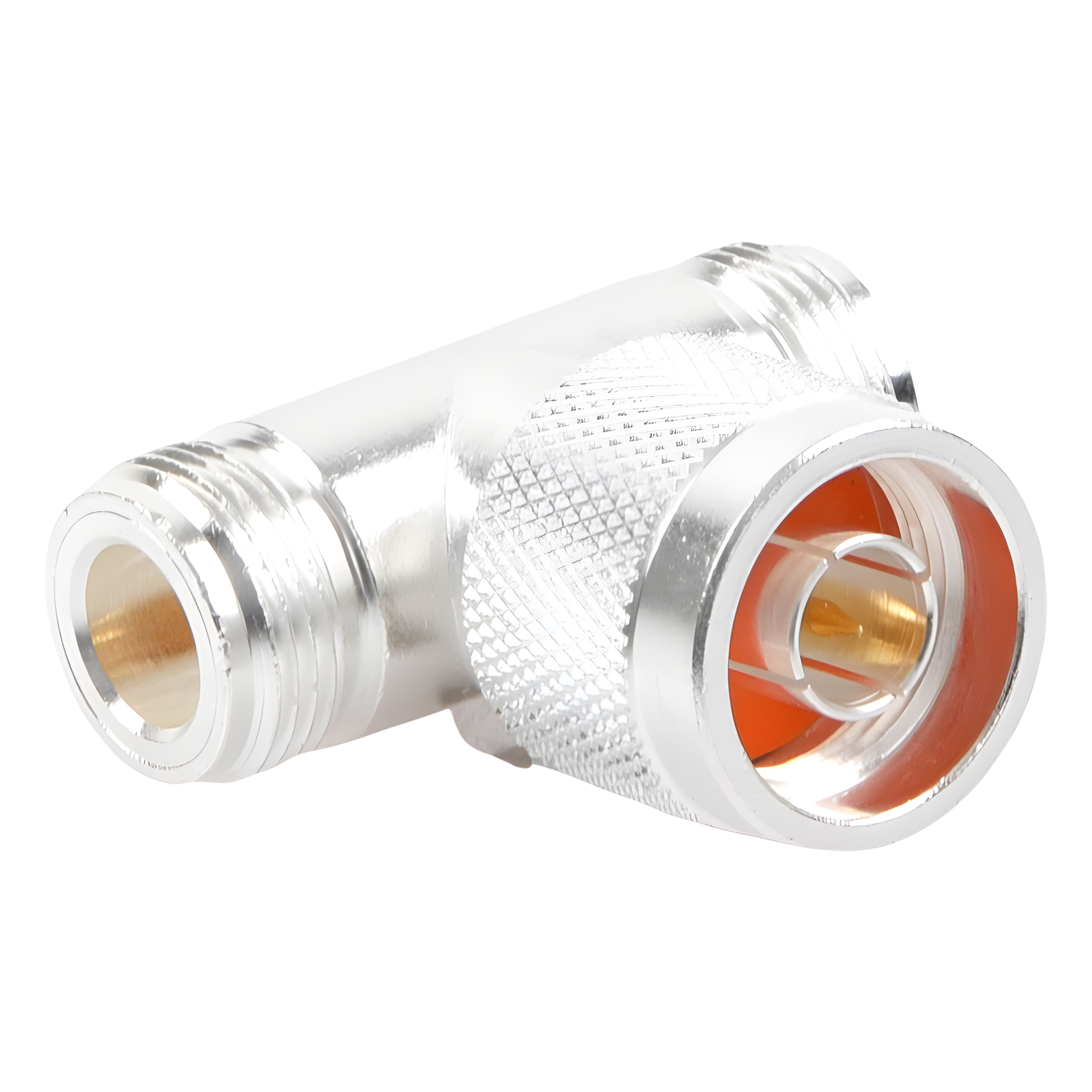 Adaptador RF en T / Conector N Macho a Doble N Hembra / Cuerpo Bronce Plateado / Contacto Oro / Aislante Teflón