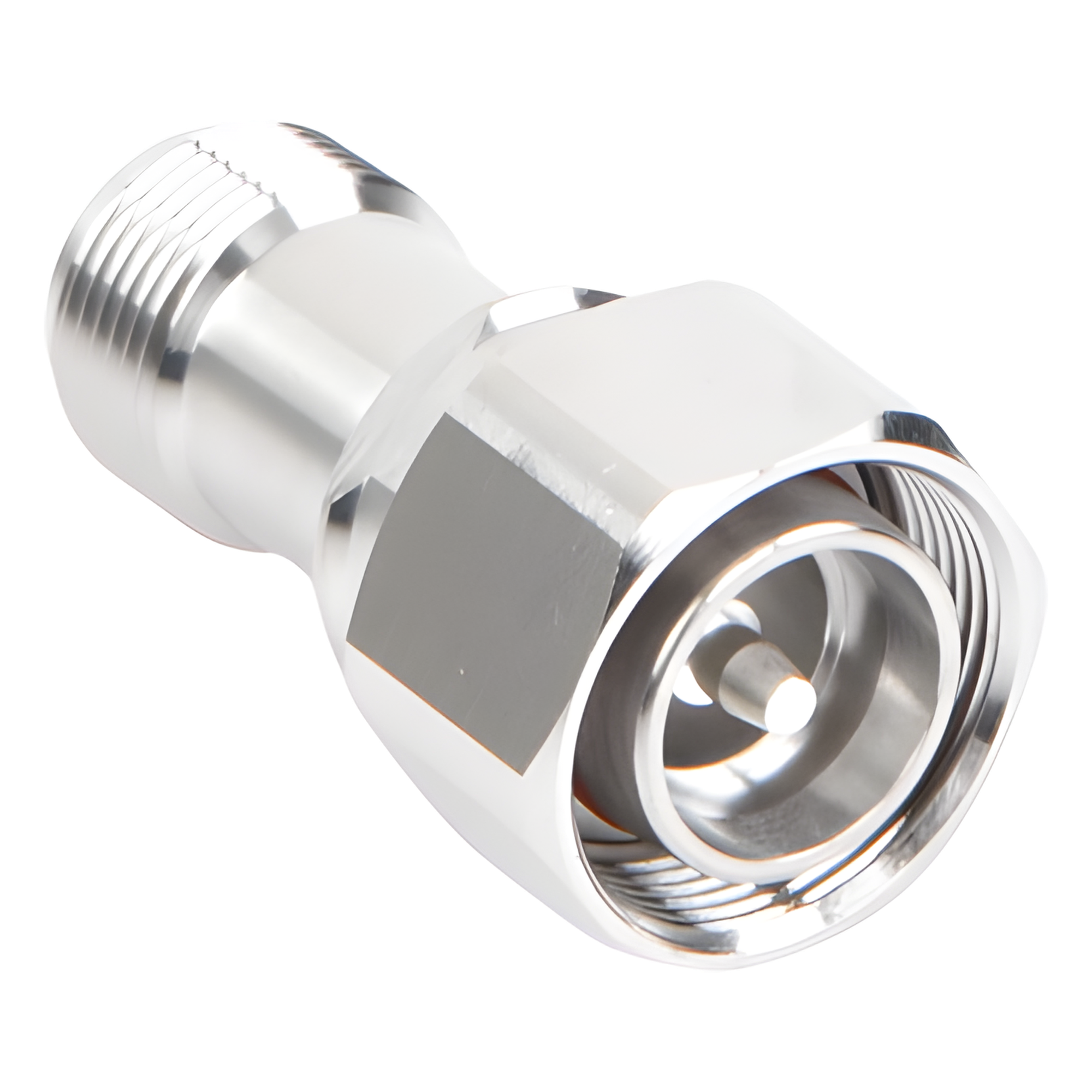 Adaptador en Línea de Conector 4.3-10 Macho a N Hembra, Bronce Blanco/ Plata/ Teflón.
