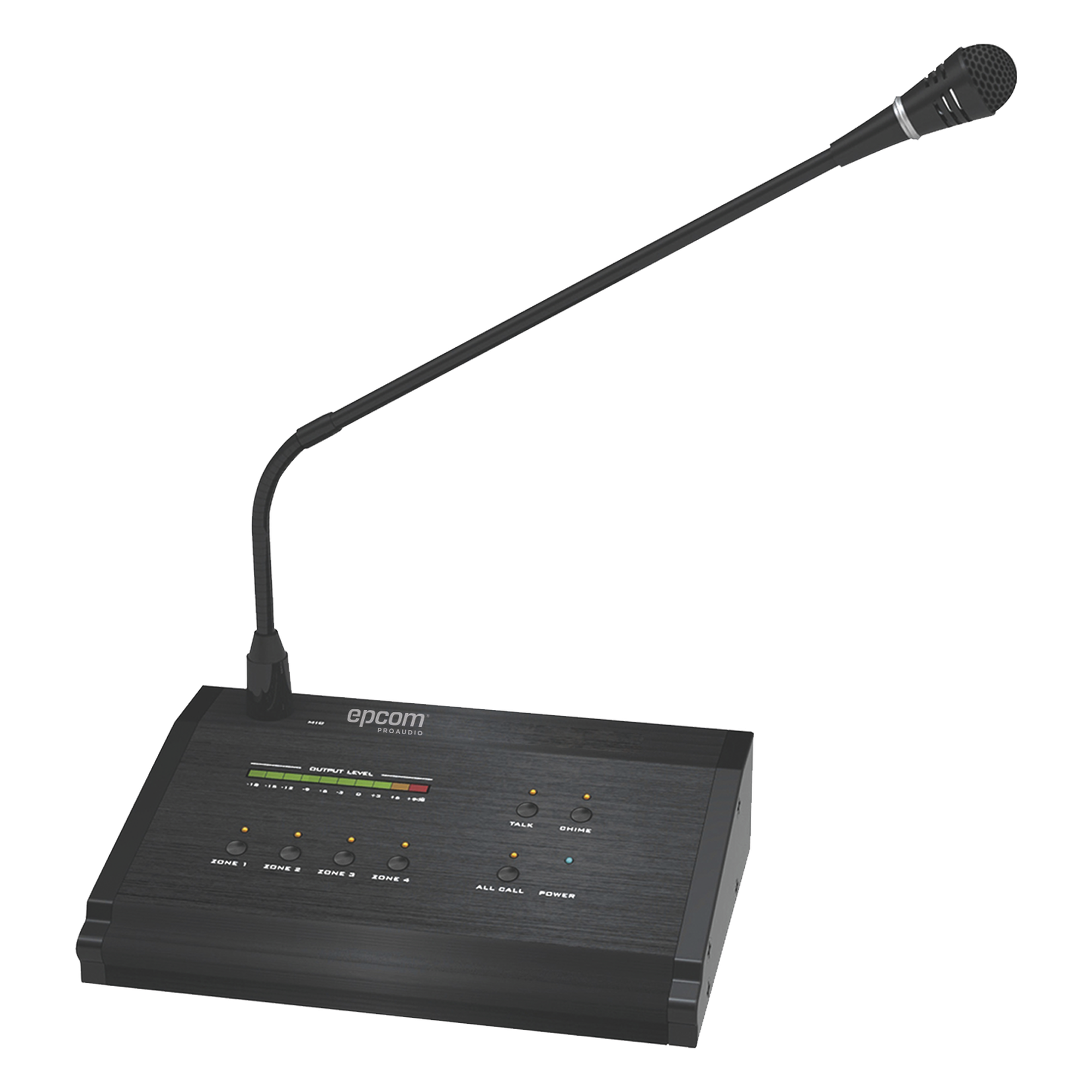 Micrófono de Voceo / 4 Zonas / Comunicación 1 km (3280.8 ft) / Conexión RJ45 / Medidor de Nivel 10 Segmentos / Alimentación 24V DC — EPCOM PROAUDIO · SKU SF-4012