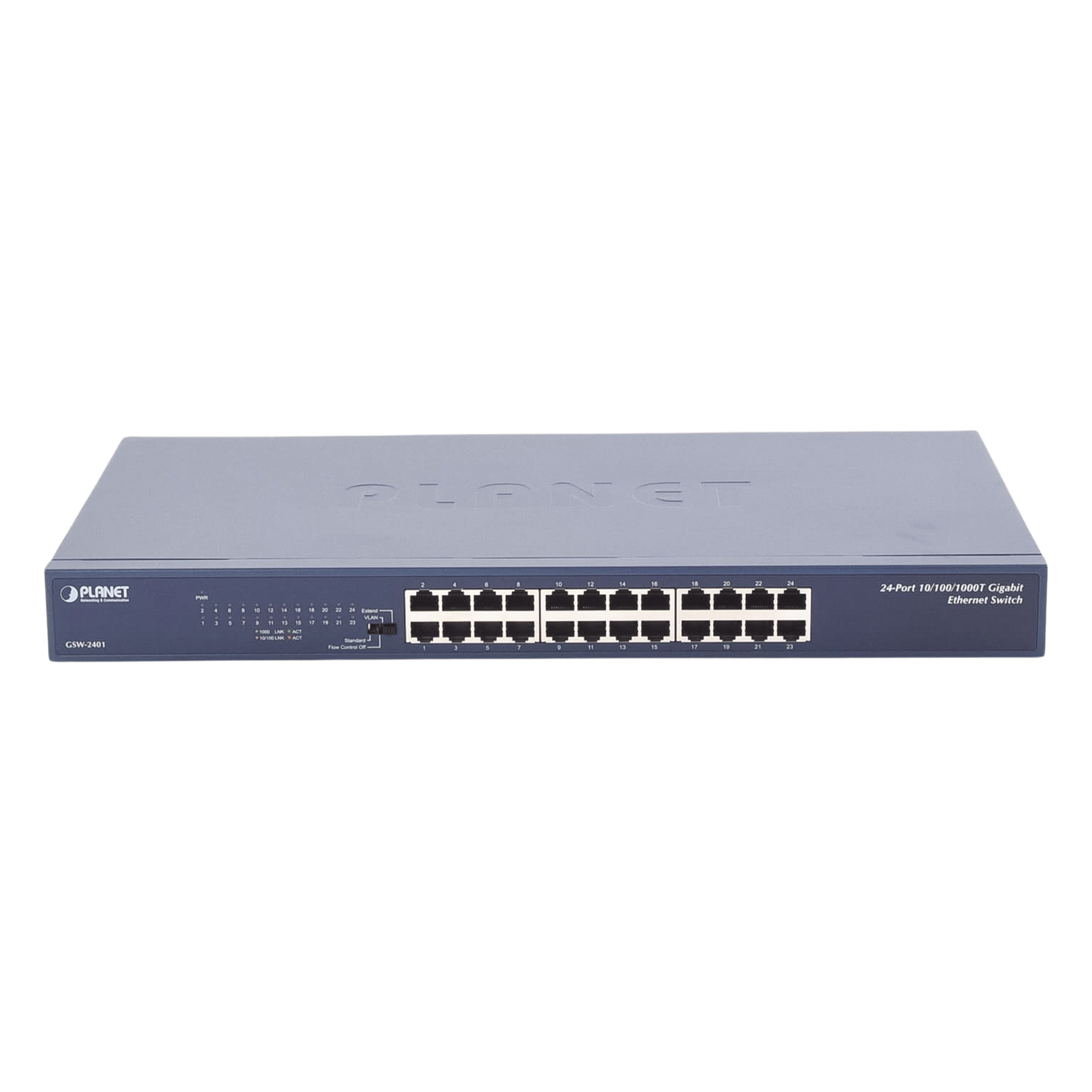 Switch Gigabit No Administrable / 24 Puertos 10/100/1000 Mbps / Alcance Extendido 200 m (656.2 ft) / 48 Gbps Switching Fabric / Montaje Rack 1U — PLANET · SKU GSW-2401