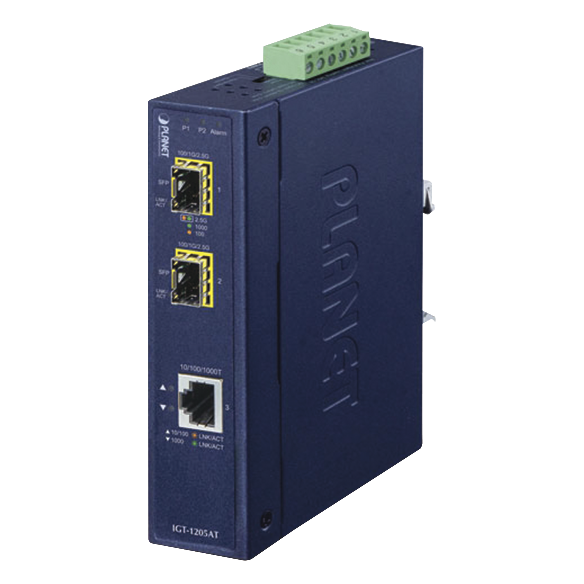 Convertidor de Medios Industrial / 1x Ethernet 10/100/1000 Base-T / 2x SFP 100/1000/2500 Base-X / -40 a 75°C / 12-48V DC — PLANET · SKU IGT-1205AT