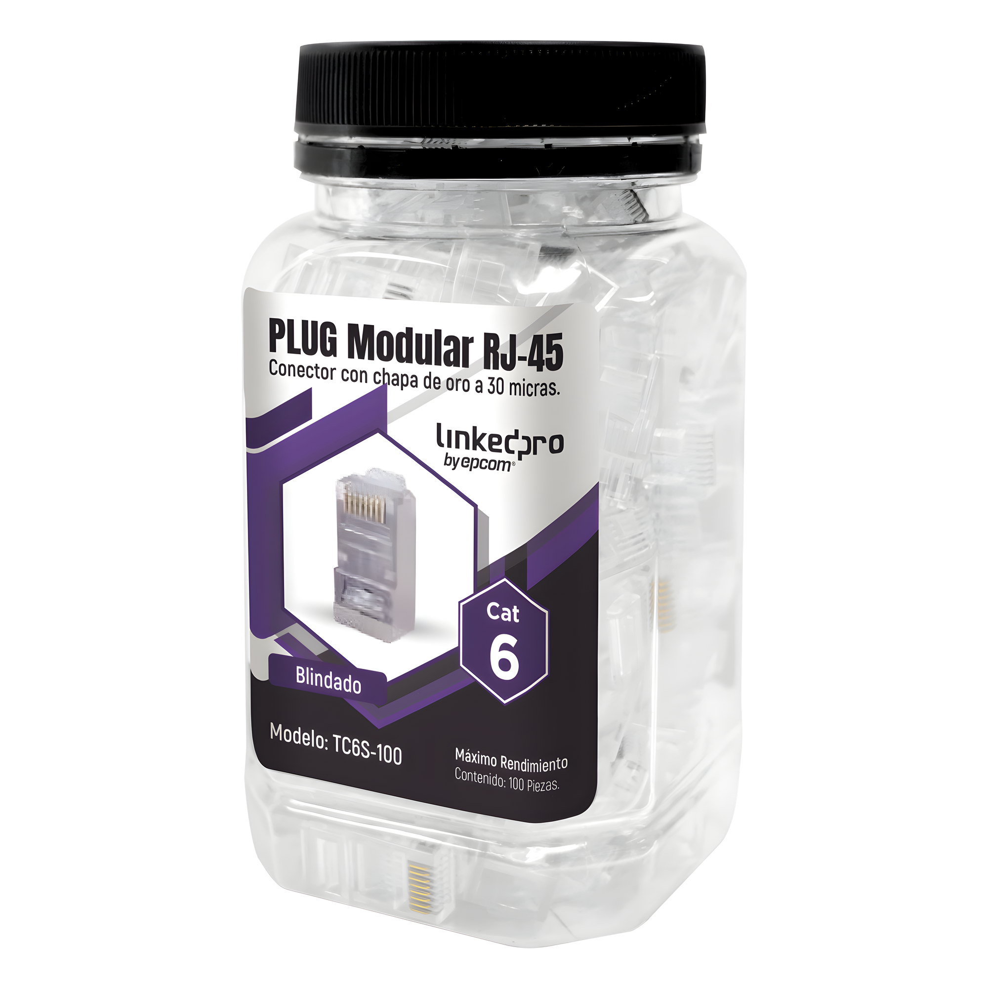 Plug Modular RJ45 / Cat6 Blindado / Chapado Oro 30µ / 23AWG / Sin Pin Tierra / 100 Piezas — LINKEDPRO BY EPCOM · SKU TC6S-100