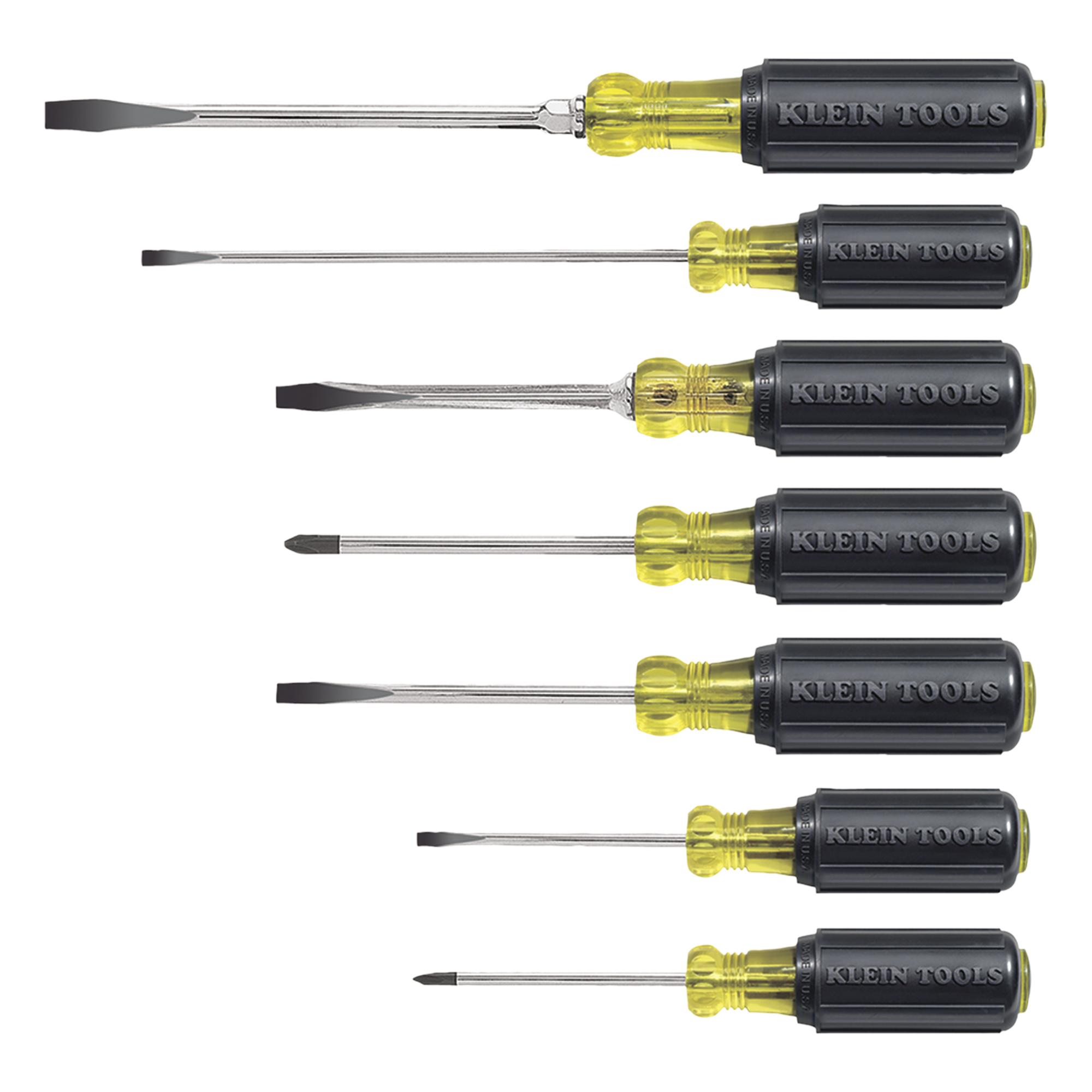 Juego de Desarmadores / Punta Plana, Phillips y Cabinet / 7 Piezas / Mango Acojinado / Cromado Resistente a Corrosión — KLEIN TOOLS · SKU 85076