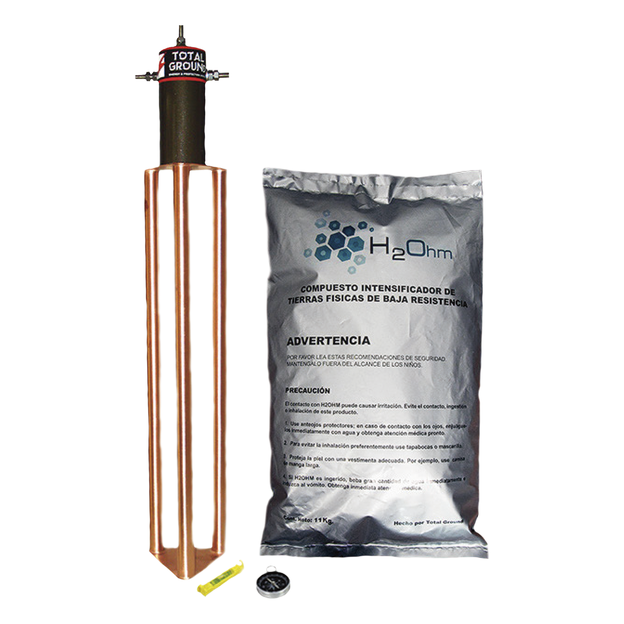 Electrodo de Puesta a Tierra / 45 Amp / Filtro LCR / Resistencia < 2 Ohm / Cobre Electrolítico / Compuesto H2Ohm / 20 Años Sin Mantenimiento — TOTAL GROUND · SKU TG-45AB