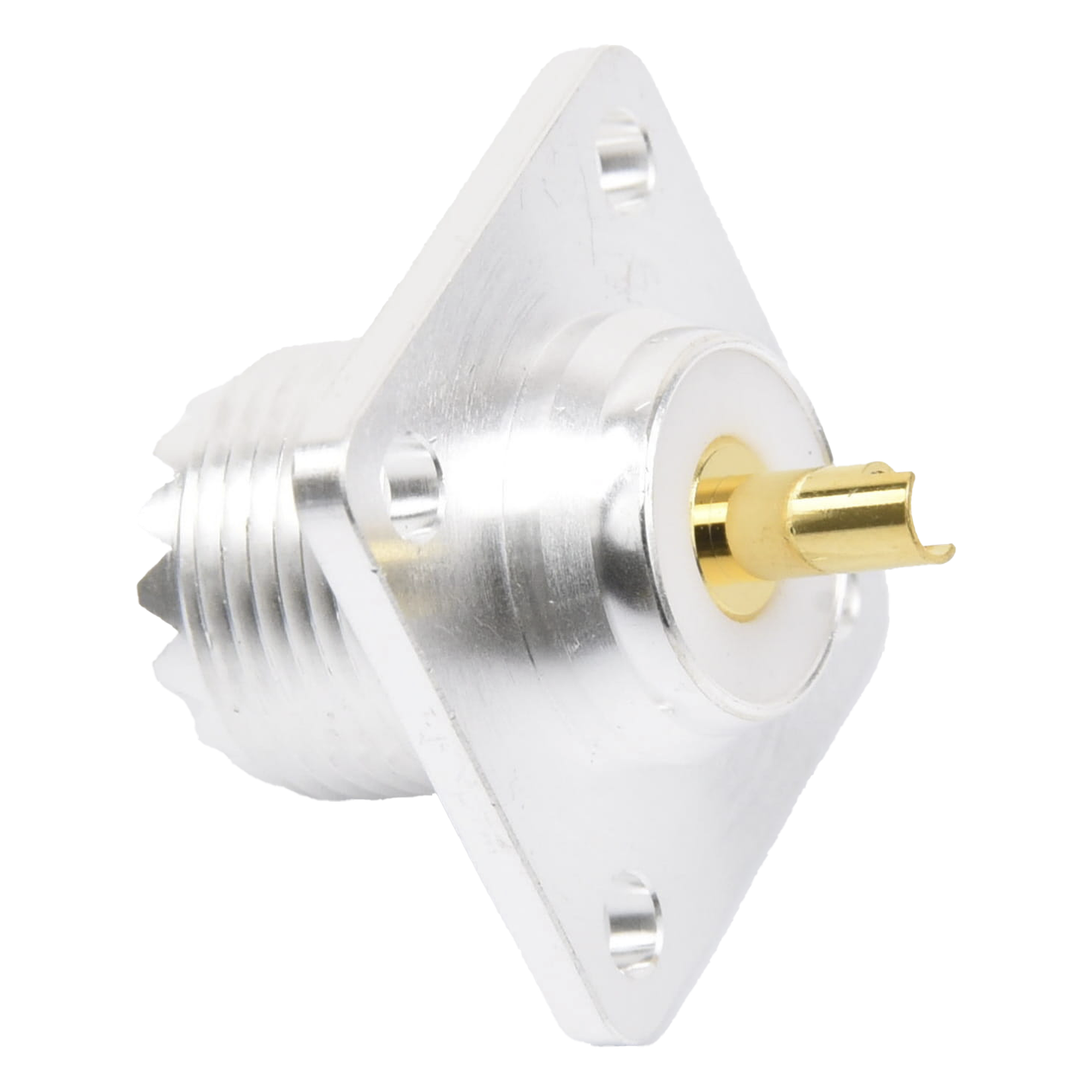 Conector RF Hembra / UHF SO-239 / Montaje Chasis 4 Hoyos / Terminal Soldable / Aislante Teflón