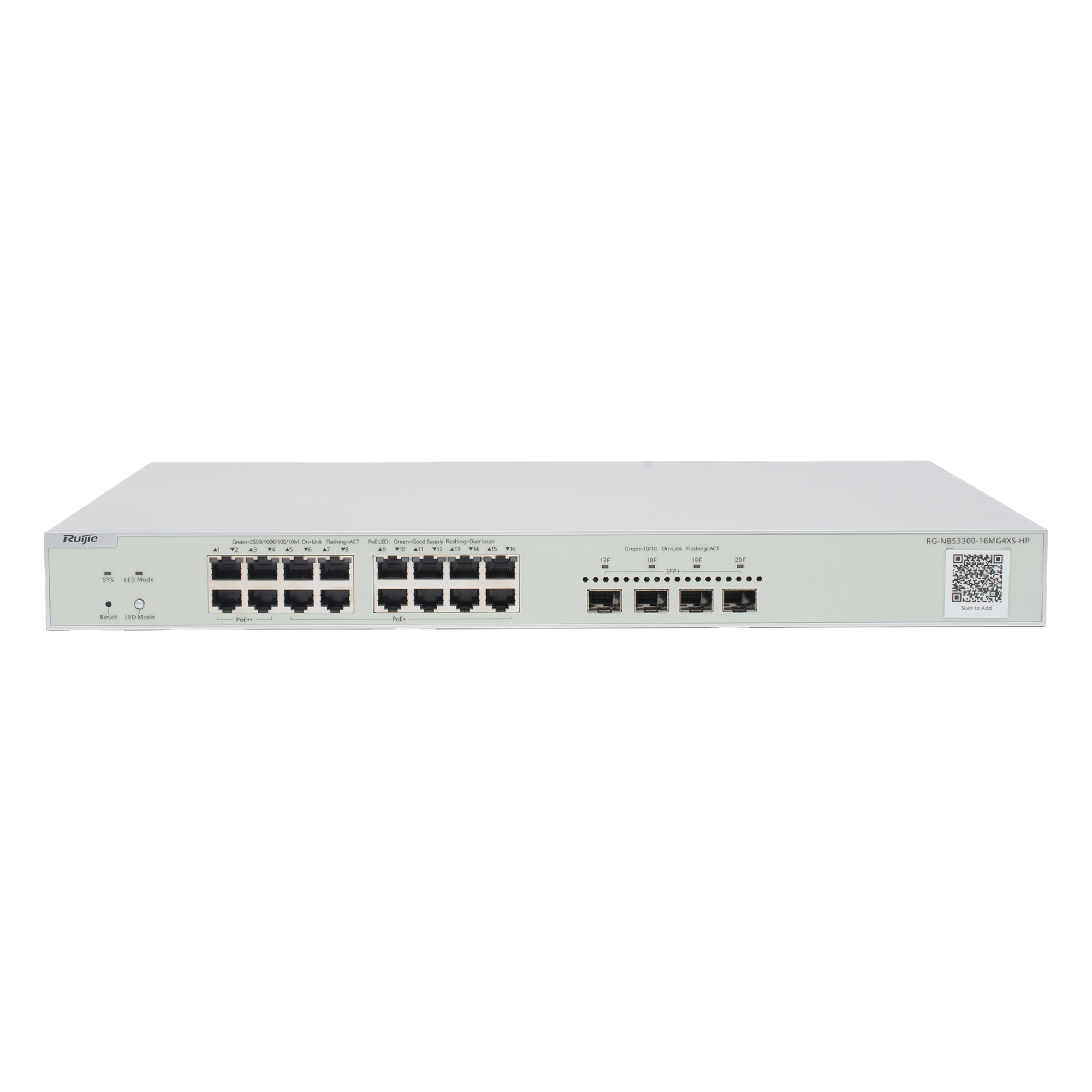 Switch Multi-Gigabit PoE++ / 16 Puertos 2.5G / 4 Puertos SFP+ 10G / 370W / Capa 2 / 160 Gbps / 1U Rack — RUIJIE · SKU RG-NBS3300-16MG4XS-HP
