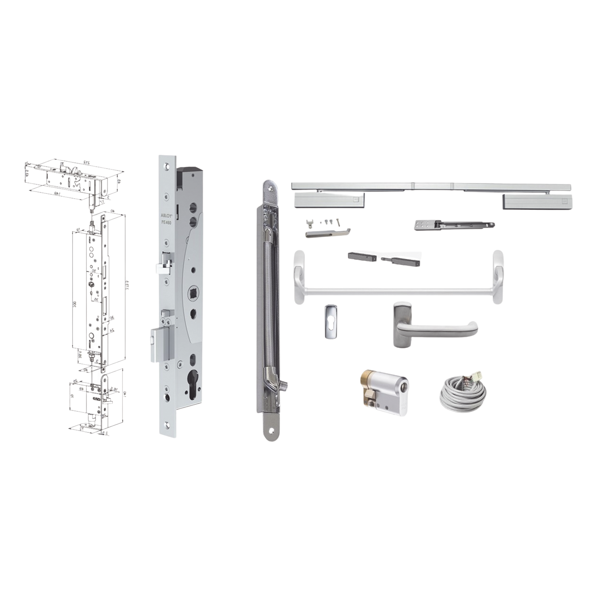 Kit de Cerradura Electrificada / Control de Acceso Integrado / Barra Antipánico / Perfil Angosto / Acero Inoxidable — ABLOY · SKU PE460PE920KITSYS245