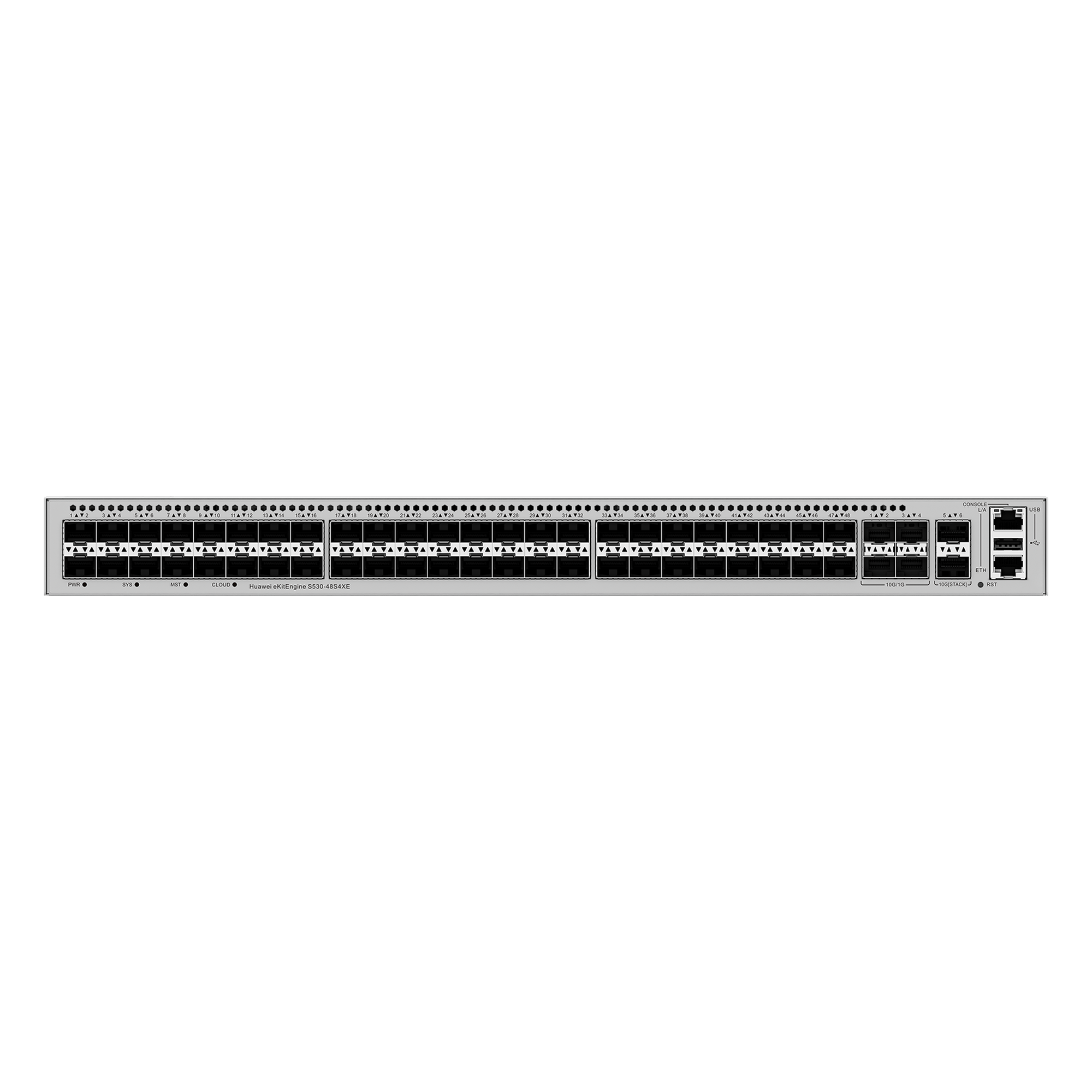 Switch Core Capa 3 / 48 Puertos GE SFP / 4 Puertos 10GE SFP+ Uplink / 2 Puertos 10GE SFP+ Stacking / Ruteo Dinámico / 224 Gbps — HUAWEI · SKU S530-48S4XE
