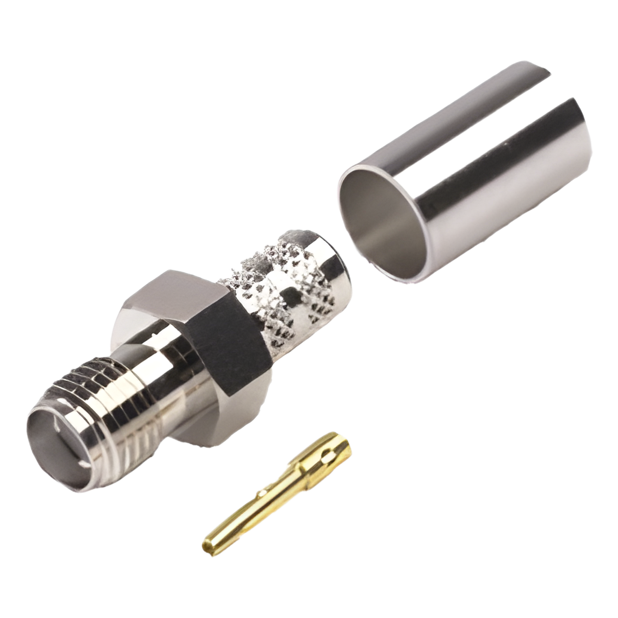 Conector Coaxial SMA Hembra / Anillo Plegable / Para Cables RG-8/X, LMR-240, Belden 9258 / Cuerpo Níquel / Contacto Oro / Aislante Teflón — RF INDUSTRIES,LTD · SKU RSA-3050-X