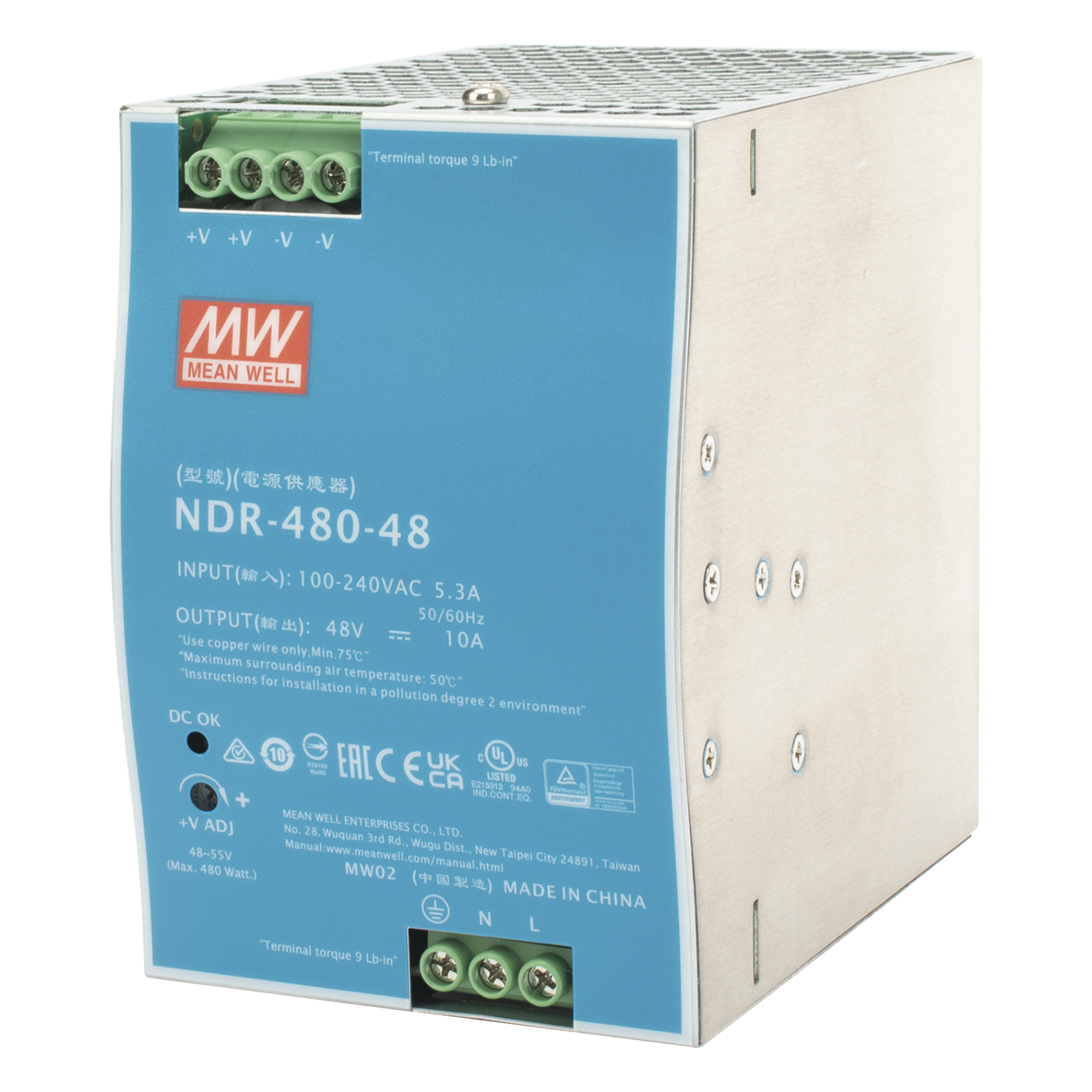 Fuente de Poder Industrial / 480W / 48 Vcc / 10A / Riel DIN / 100-240 Vca / 3.35 x 4.93 x 5.04 in — MEANWELL · SKU NDR-480-48