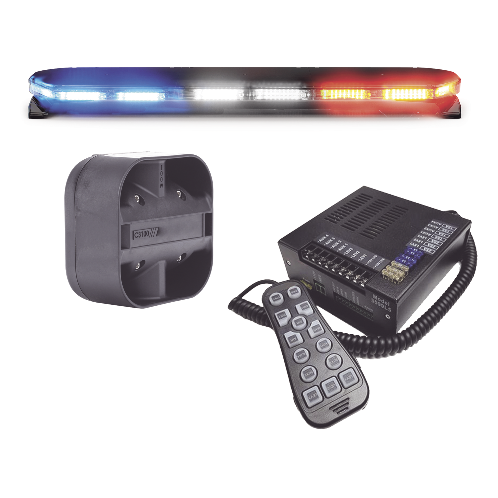 Kit de Torreta LED / 47 Pulgadas / 300 LEDs Dual Color / Perfil Bajo 1.6 Pulgadas / Sirena Inalámbrica 100W / Certificación SAE Class I — ECCO · SKU 16TR47KIT300