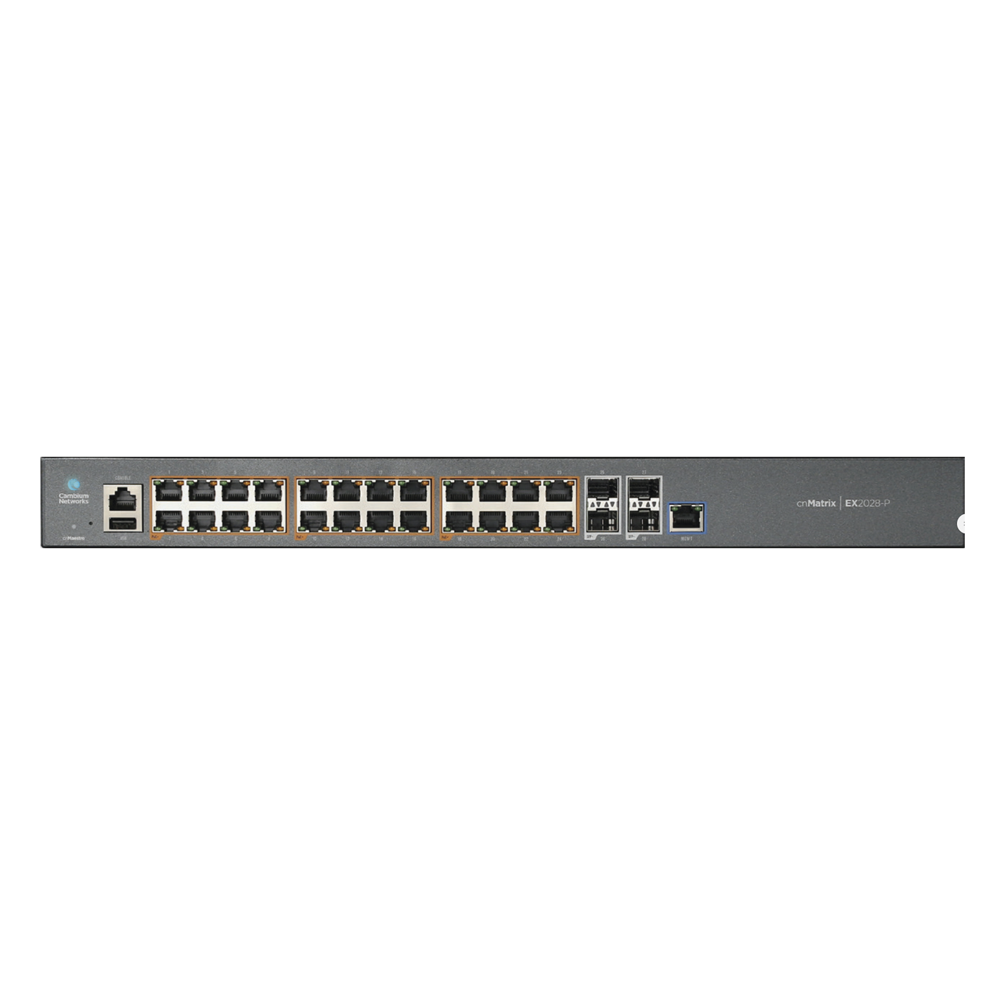 Switch Capa 3 / 28 Puertos / 24 PoE Gigabit 802.3af/at / 4 SFP+ / 128 Gbps / Administración en la Nube — CAMBIUM NETWORKS · SKU MX-EX2028PXA-U