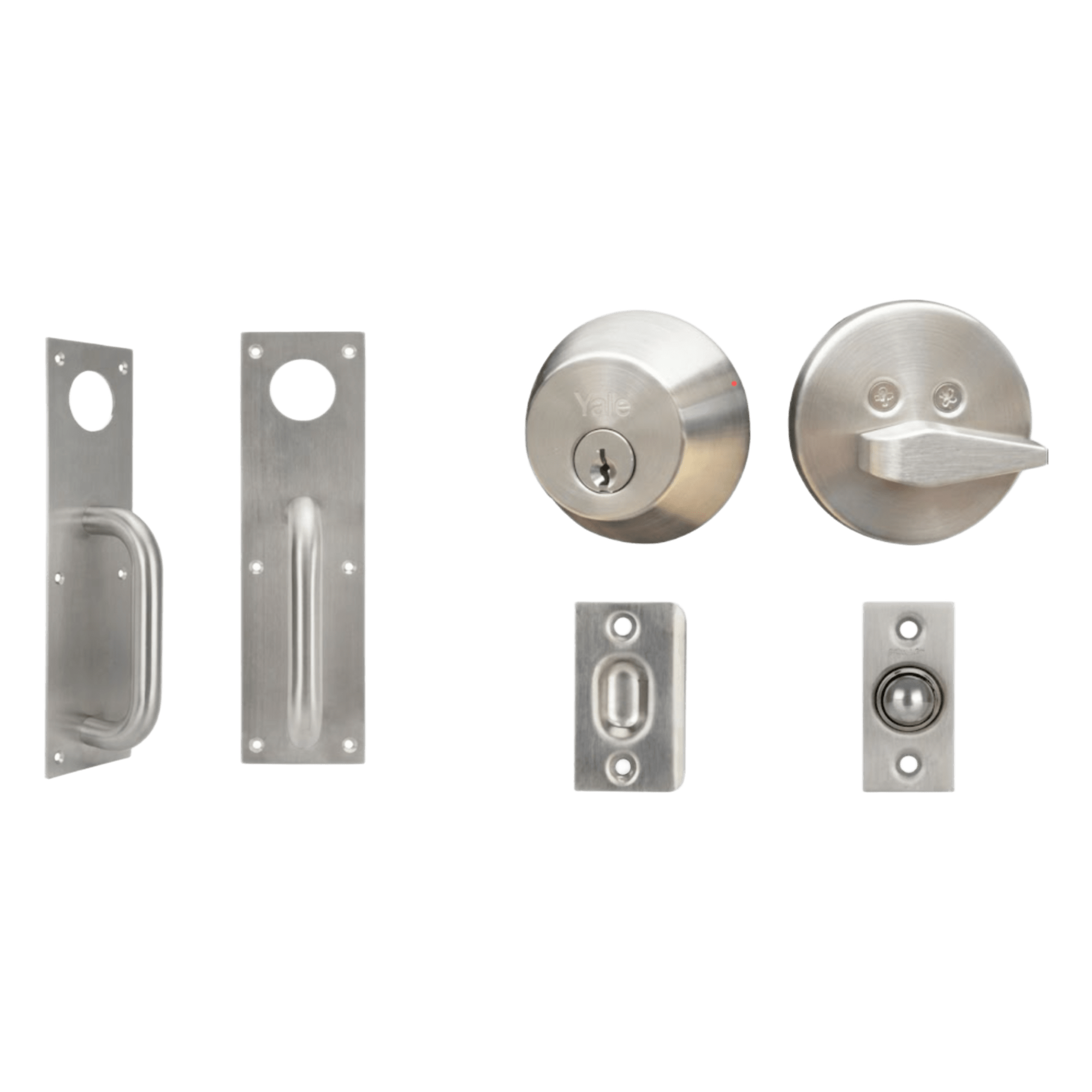 Kit de Herraje para Puerta / Jaladera 30 cm (11.8 in) / Cerrojo B500P con Llave Mariposa / Pestillo de Bola Ajustable / Acero Inoxidable y Cromo — YALE-ASSA ABLOY · SKU MX86940
