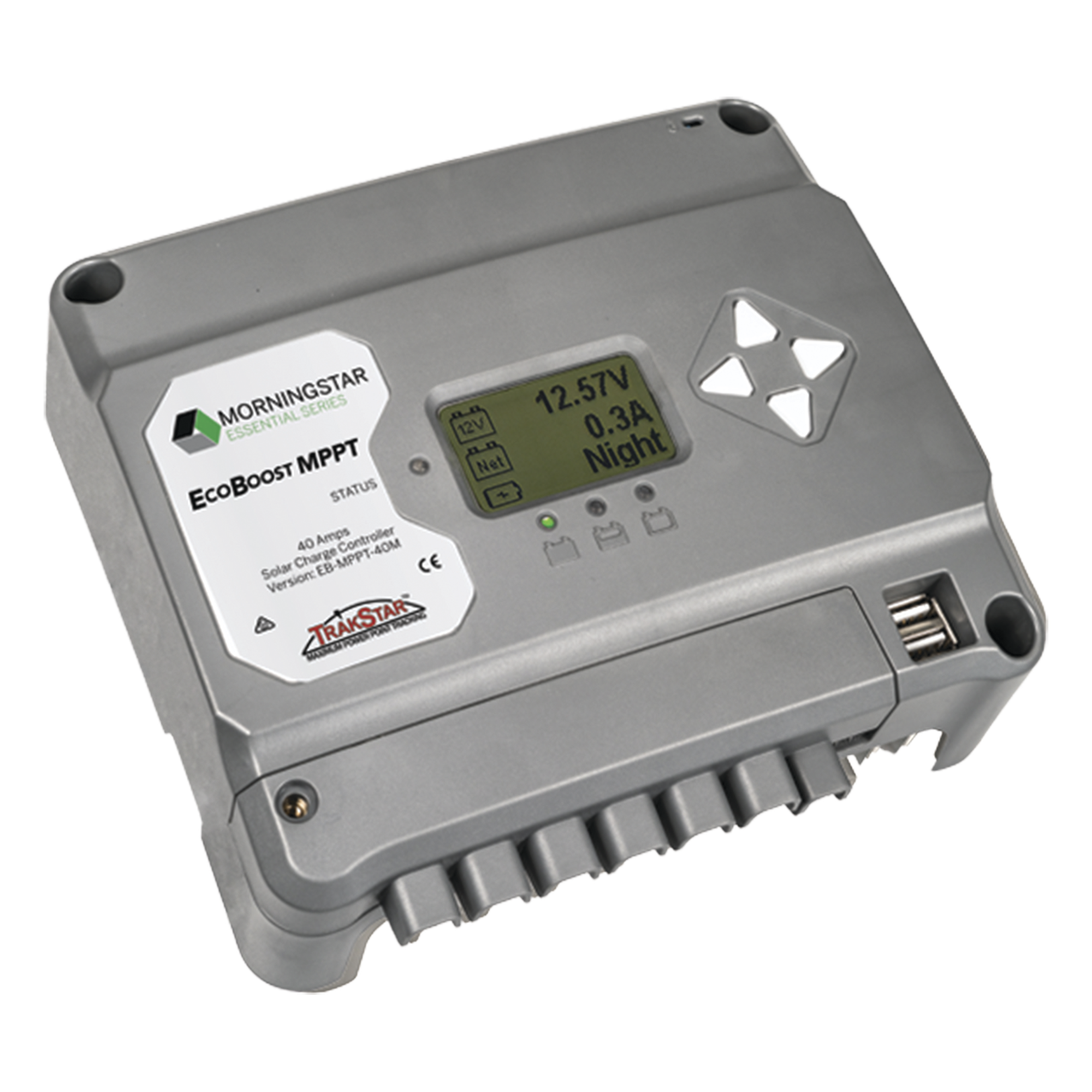 Controlador de Carga Solar MPPT / 40 A / 12V y 24V / Pantalla LCD / 2 Puertos USB 3A / Control de Iluminación — MORNINGSTAR · SKU EBMPPT40M