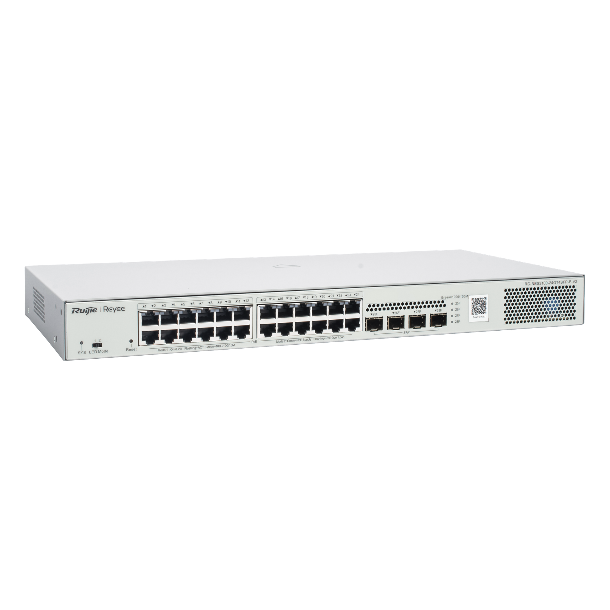Switch Administrable L2 PoE+ / 24 Puertos Gigabit / 4 SFP Uplink 1G / 370W / Capacidad 56 Gbps / Protección 6 kV / 1U Rack