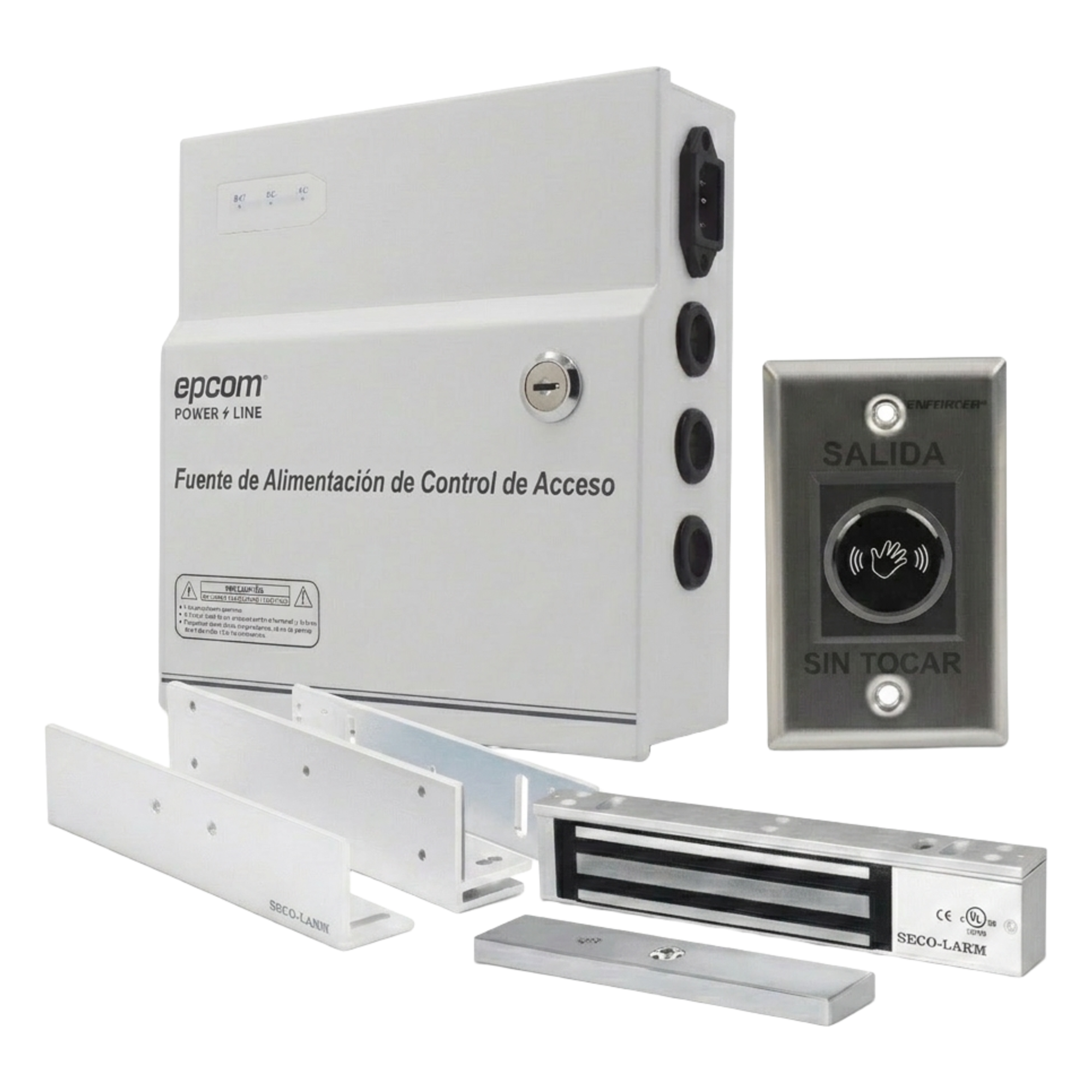 Kit de Control de Acceso / Fuente 12 VCD 5A / Chapa Magnética 600 lbs / Botón Sin Contacto / Montajes L y Z / Batería de Respaldo Opcional — ENFORCER SECOLARM · SKU E941600/KIT12V