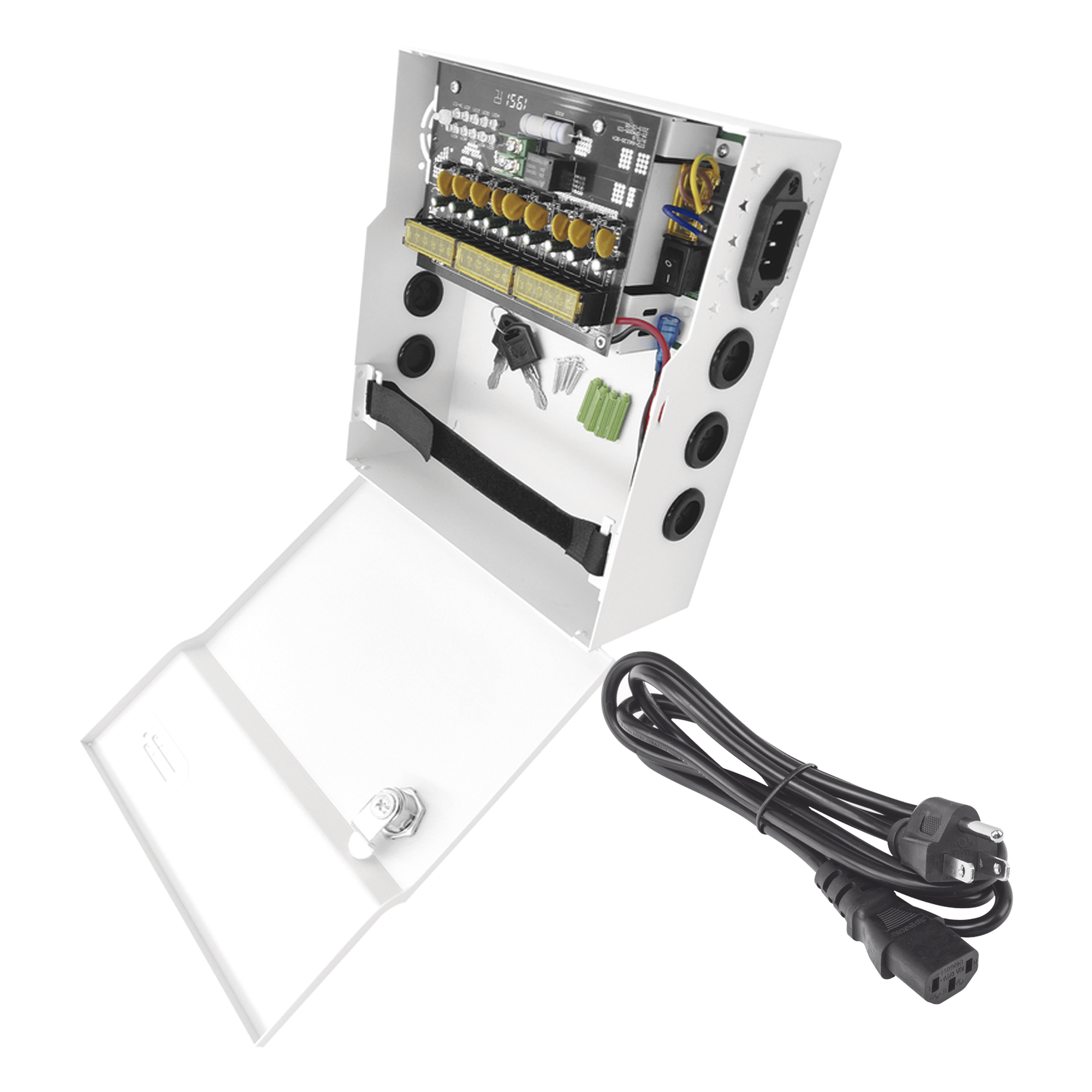 Fuente de Poder con Respaldo de Batería / 11-15 Vcc / 10 A / 9 Salidas / Entrada 96-264 Vca / Protección de Batería 10.5 V — EPCOM POWERLINE · SKU PLK12DC8ABK