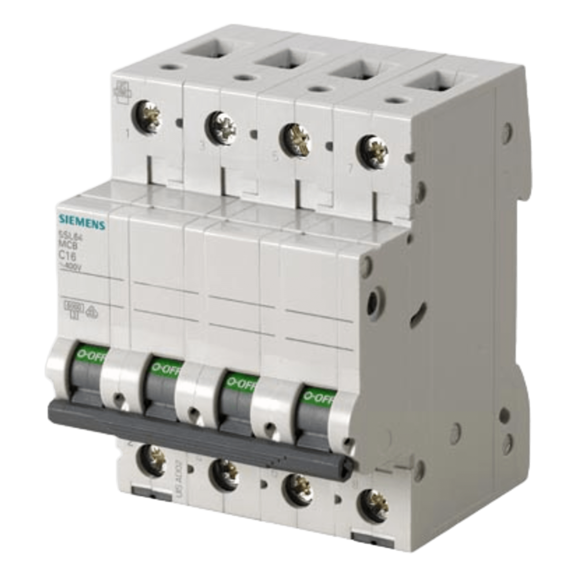 Interruptor automático magnetotérmico / 4 polos / 16 A / Curva C / 6 kA / 400 VCA / Riel DIN — SIEMENS · SKU 5SL64167CC