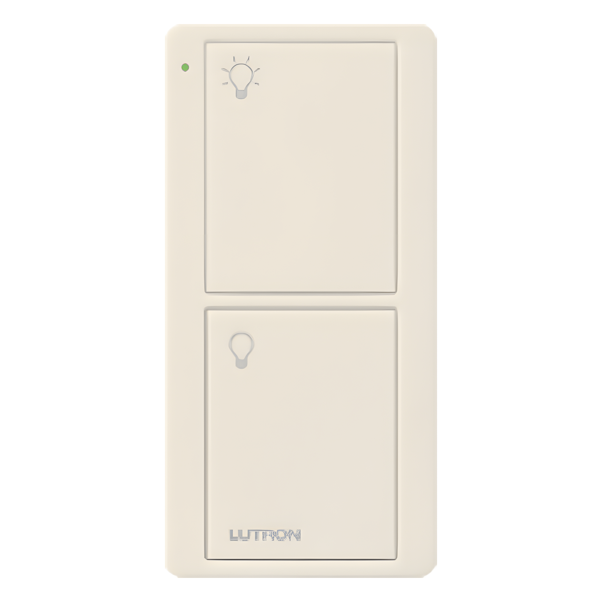 Control Inalámbrico RF / 2 Botones On/Off / Alcance 9 m (30 ft) / Integración con Atenuadores y Hubs / Montaje en Pared o Portátil / Acabado Gloss Light Almond — LUTRON ELECTRONICS · SKU PJ22BGLAL01