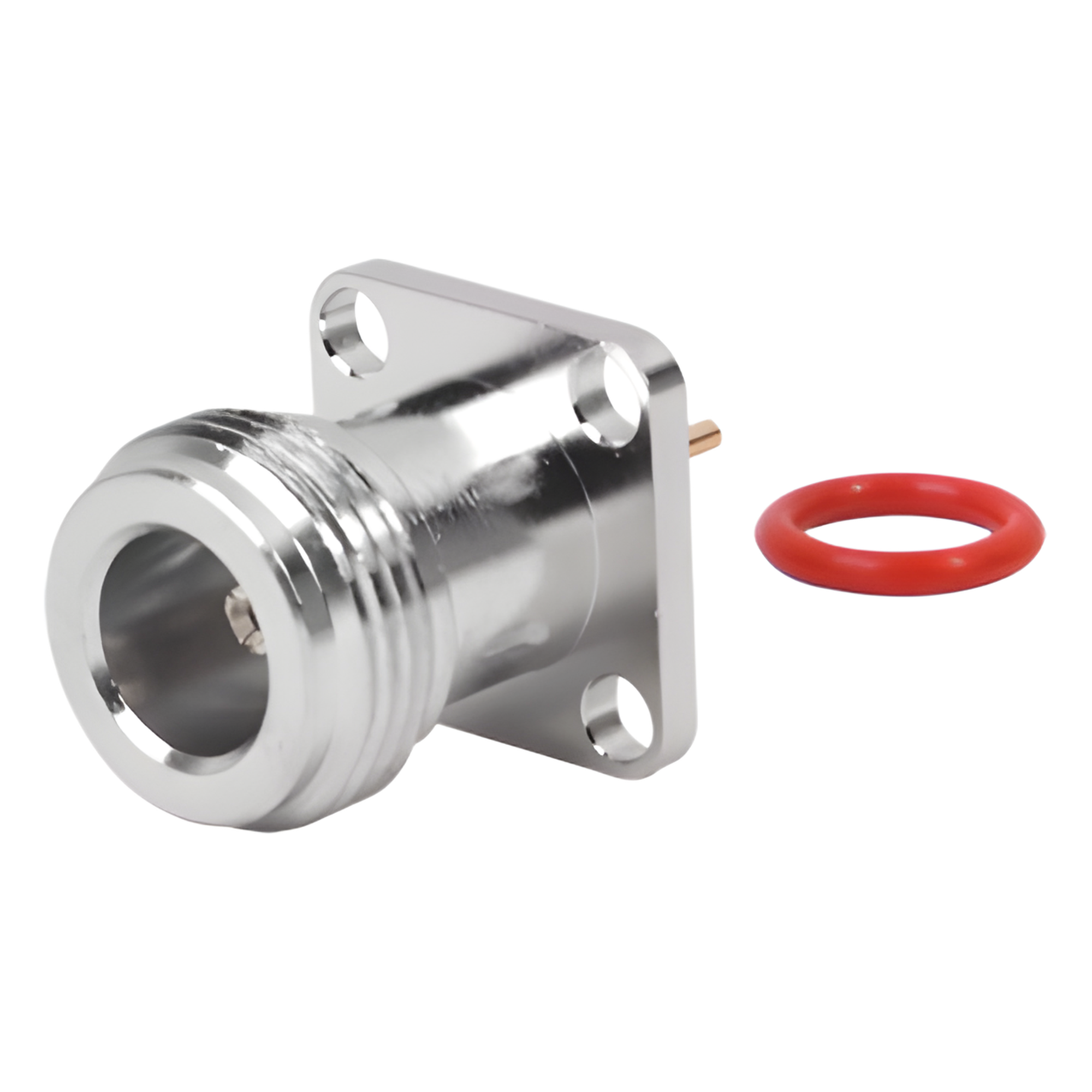 Conector RF N Hembra / Montaje Panel Cuadrado 17.5 mm / 4 Perforaciones 12.7 mm (0.5 in) / Soldable / Contacto Oro / Aislante Teflón — RF INDUSTRIES,LTD · SKU RFN-1021-5