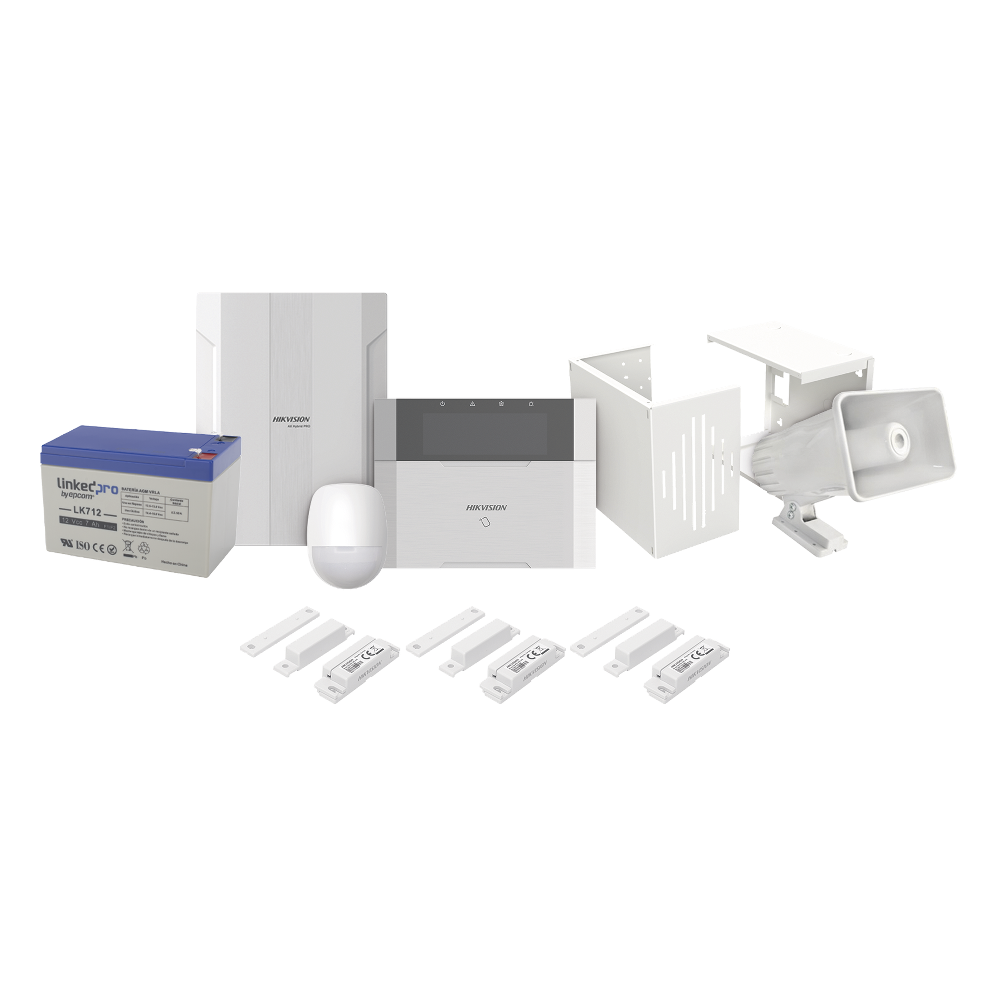 Kit Panel de Alarma Híbrido / 64 Zonas / Monitor LCD con Lector de Tags / PIR 18 m (59.1 ft) / Sirena 118 dB / Batería 12V 7 Ah — HIKVISION · SKU DS-PHA64-LP/PLUS