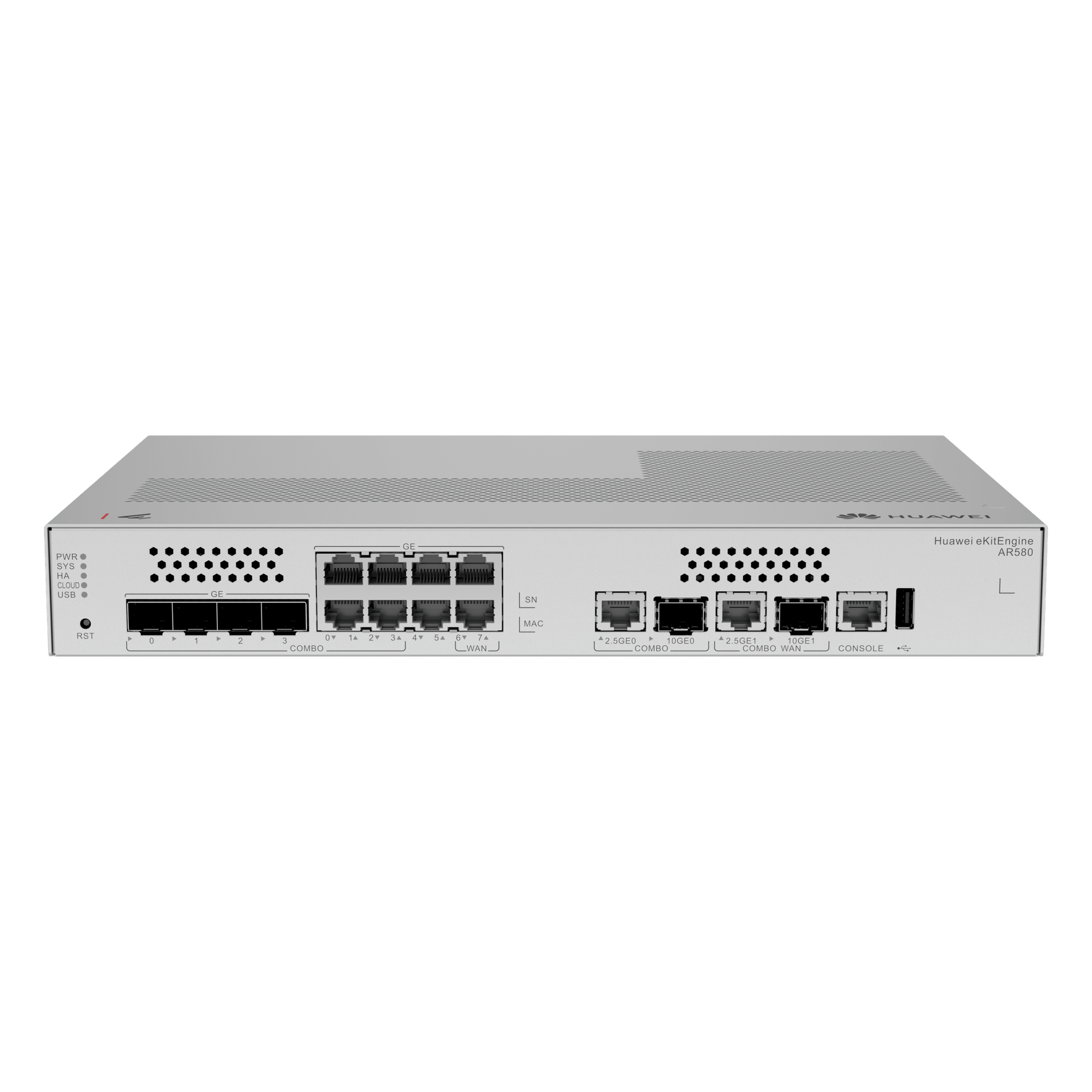 Router Gateway Convergente / LAN: 1 SFP+ y 6 GE / WAN: 1 SFP+ y 2 GE / 500 Usuarios / 64 APs / 500 Túneles IPsec / 2 Gbps — HUAWEI · SKU AR580