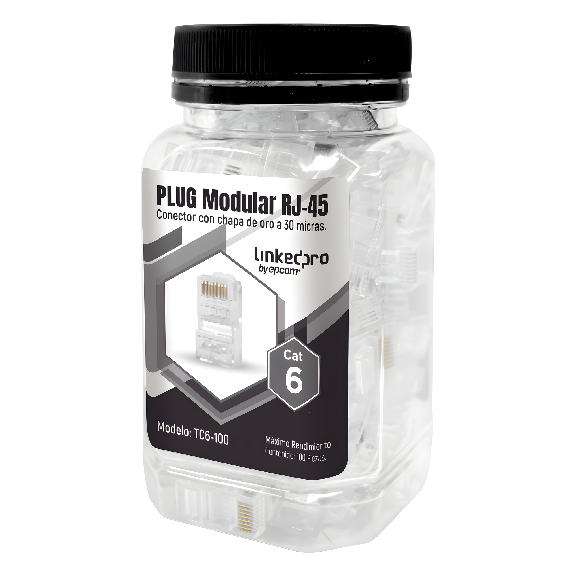 Plug Modular RJ45 / Cat6 / Sin Blindaje / 23AWG / Chapado Oro 30 Micras / 100 Piezas — LINKEDPRO BY EPCOM · SKU TC6-100