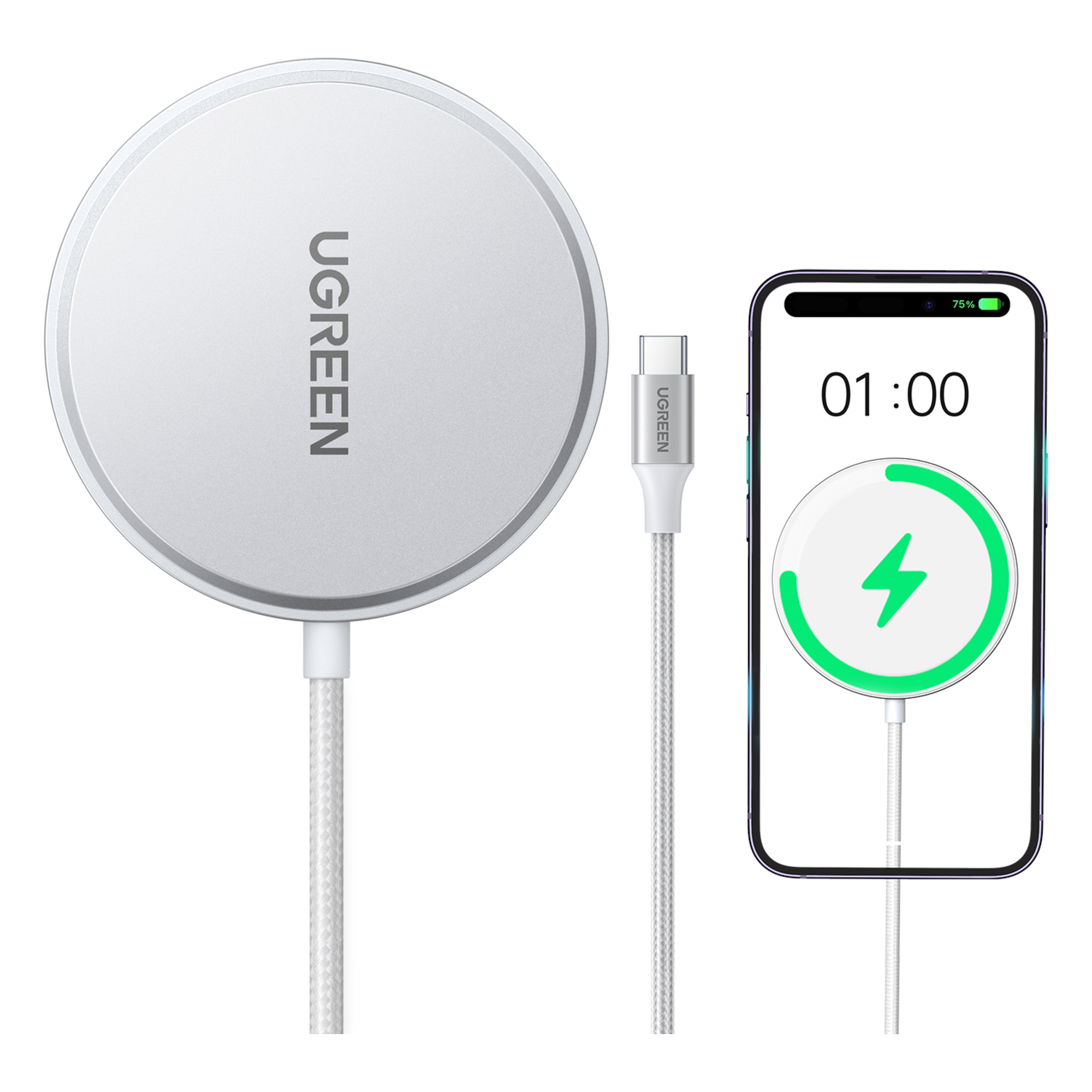 Cargador Inalámbrico Magnético / 15W / Qi 2 Certificado / USB-C 9V 2.2A / Eficiencia 83% / Cable 1.5 m (4.9 ft) / Material PC+ABS+Aluminio