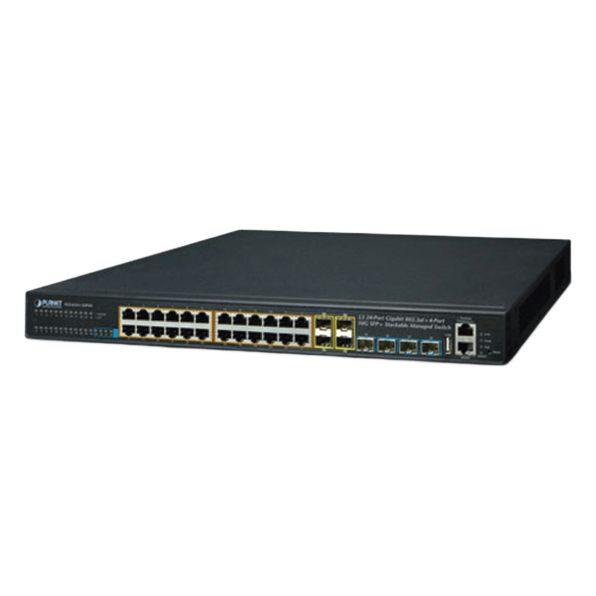 Switch Administrable Stacking Capa 3 / 24 Puertos PoE+ Gigabit / 4 SFP+ 10G / 370W PoE Total / 128 Gbps Throughput — PLANET · SKU SGS-6341-24P4X