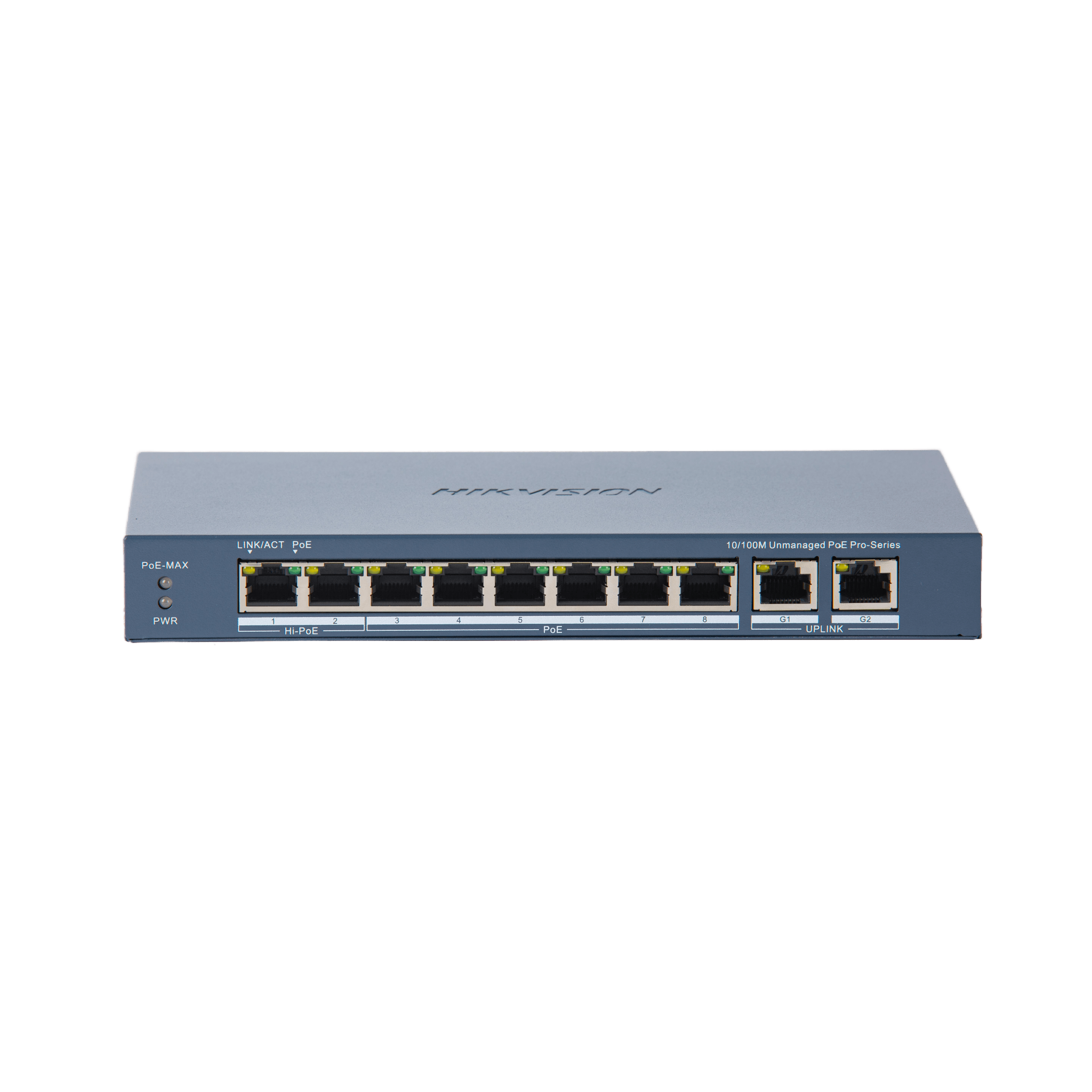 Switch PoE+ / No Administrable / 7 Puertos 10/100 Mbps 802.3 af/at (30 W) / 1 Puerto 10/100 Mbps Hi-PoE (90 W)  / 2 Puertos 1000 Mbps Uplink / Modo Extendido hasta 300 Metros / 110 Watts