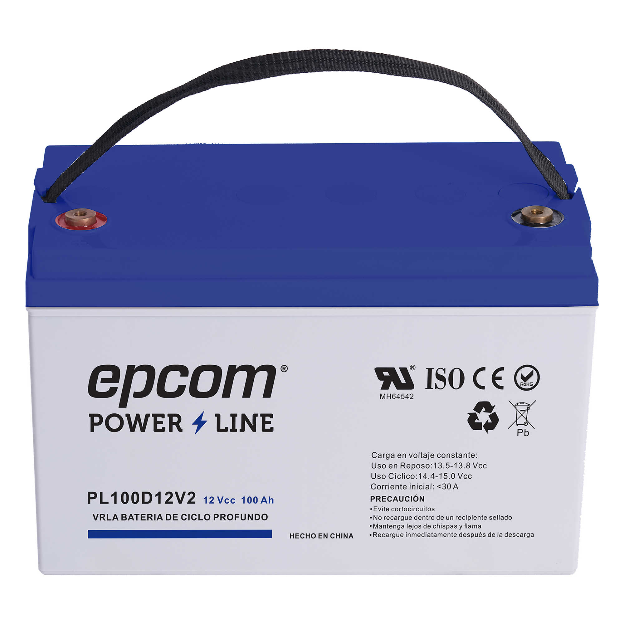 Batería AGM-VRLA / 12 Vcc / 100 Ah / Ciclo Profundo / Terminales T4 / Carcasa UL94-HB — EPCOM POWERLINE · SKU PL100D12V2