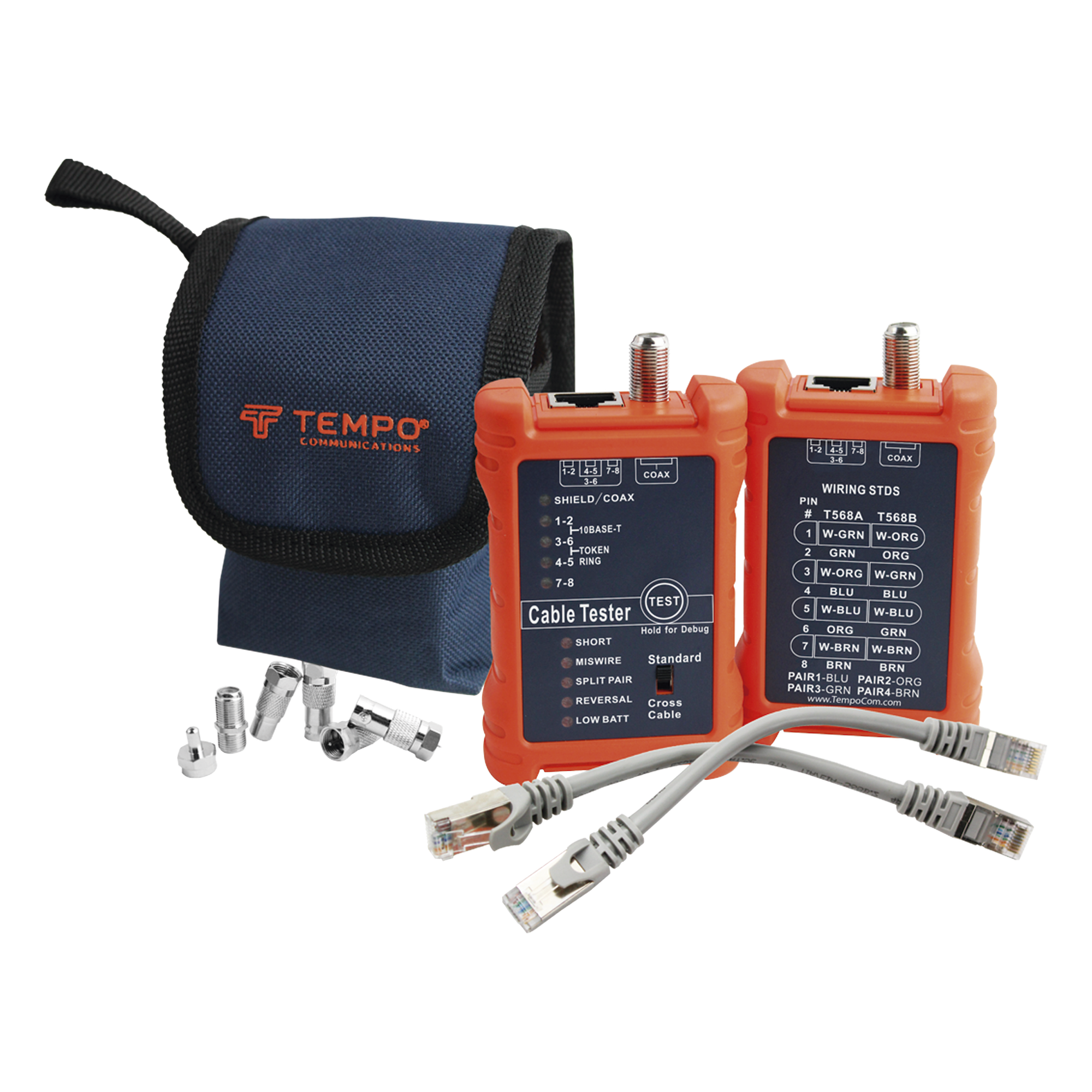 Tester de Cables / LAN 8 Hilos / Coaxial / Mapeo de Pines / 300 m / 900 pies / RJ45 / RJ11 — TEMPO · SKU PA1594