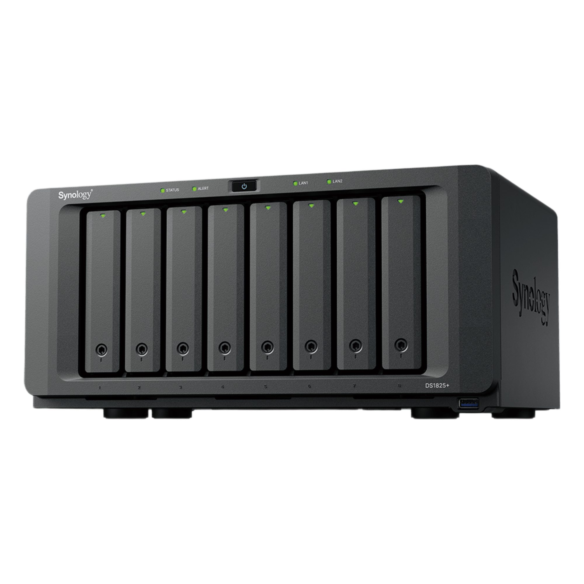 NAS Empresarial / 8 Bahías / AMD Ryzen V1500B / 8 GB DDR4 ECC / 2 Puertos 2.5GbE / Expansión 10GbE/25GbE / Caché M.2 NVMe / Lectura 2,239 MB/s — SYNOLOGY · SKU DS1825+