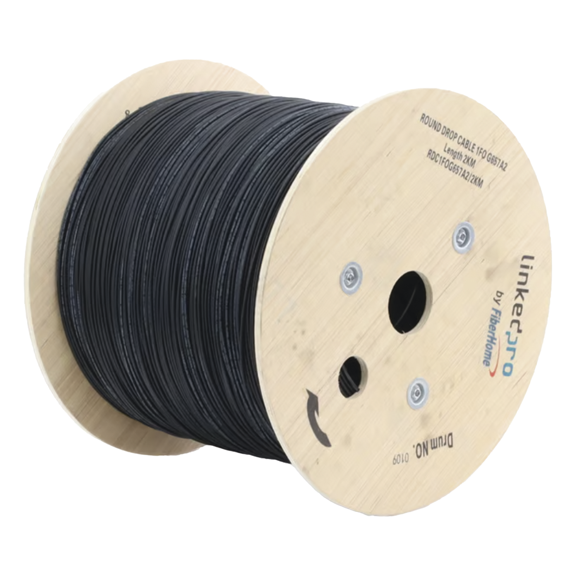 Carrete de Fibra Óptica Aérea Drop / G.657A2 / Monomodo 1 Hilo / Forro LS0H 3 mm / 2 km (6,562 ft) / Figura 0 — LINKEDPRO BY FIBERHOME · SKU RDC1FOG657A2/2KM