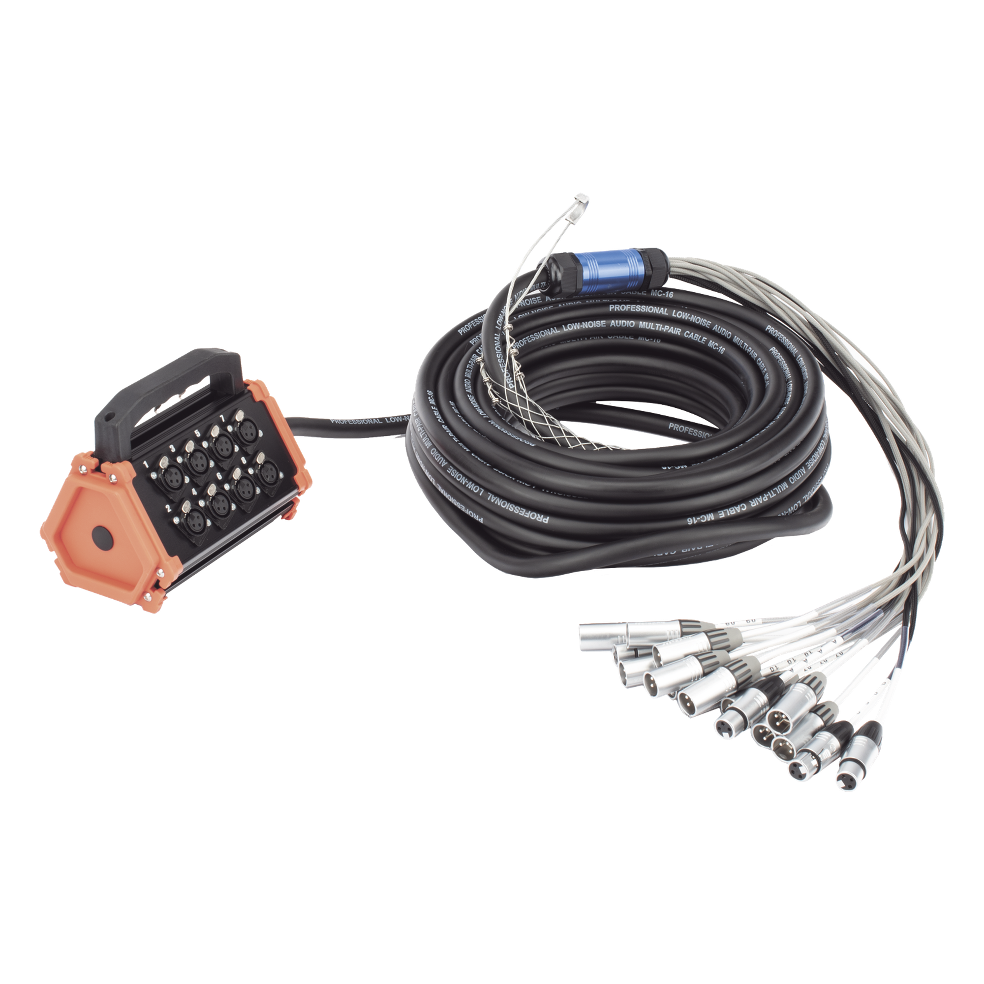 Stagebox Multipin / 12 Hembras + 4 Machos XLR / Cable 30 m (98.4 ft) / Contactos Plata / 20 A 250 V CA / Carcasa Cromada Perlada — SEETRONIC · SKU CSBT1204L20M
