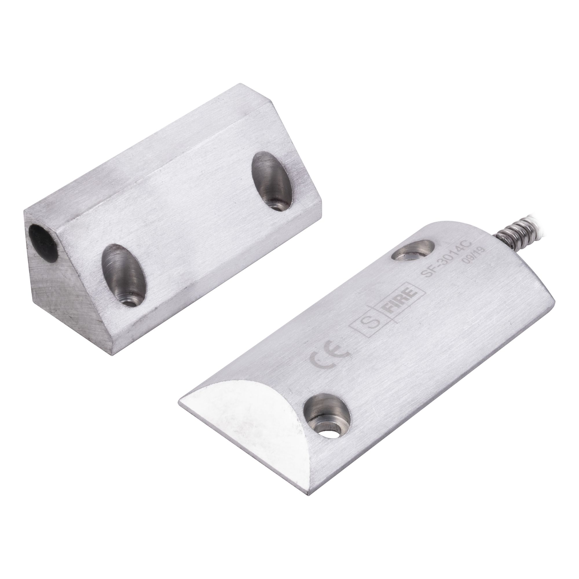 Contacto Magnético de Piso / Salida Dual NC/NA / GAP 65 mm (2.5 in) / Cubierta de Aluminio / Cable Blindado 55 cm / Certificación UL & CE — SFIRE · SKU SF-3014-C