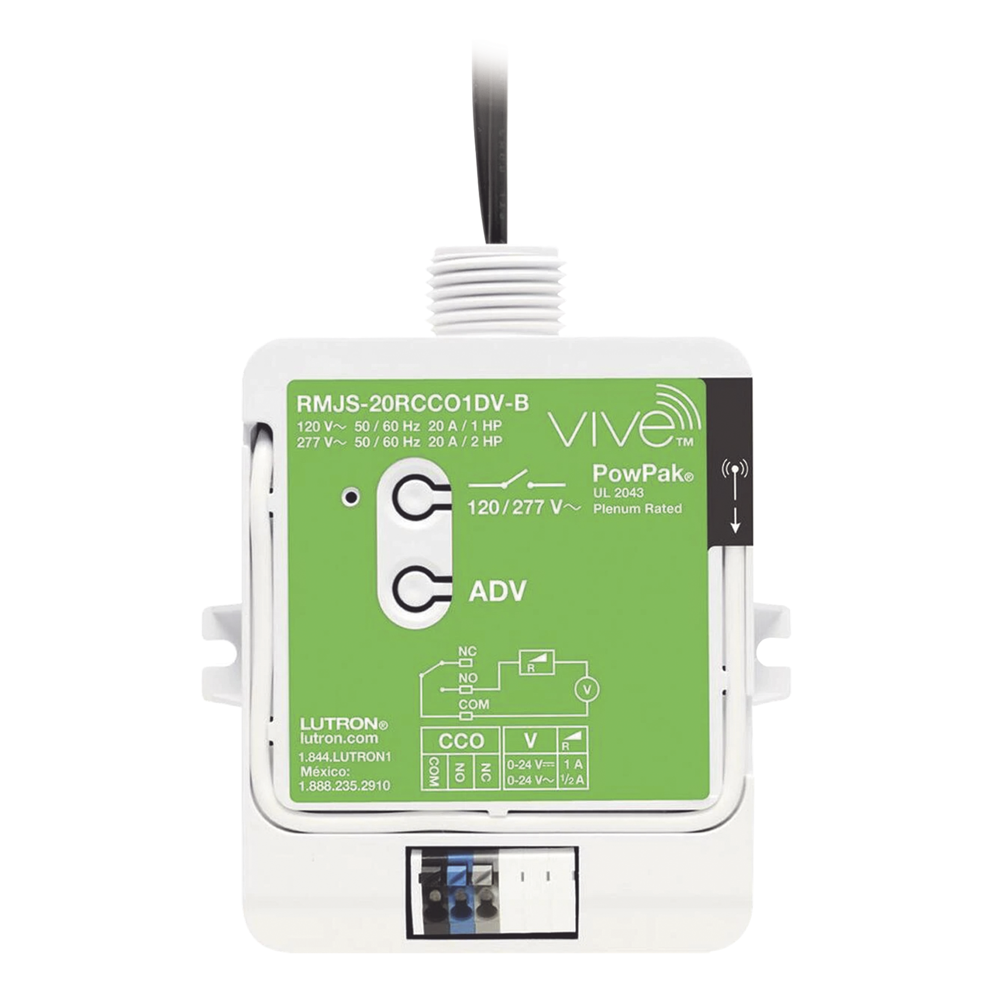Módulo de Relevador Inalámbrico / 20 A / 120/277 V~ / Contacto Seco para HVAC / Clear Connect RF / Compatible con Pico y Vive Hub — LUTRON ELECTRONICS · SKU RMJS20RCCO1DVB