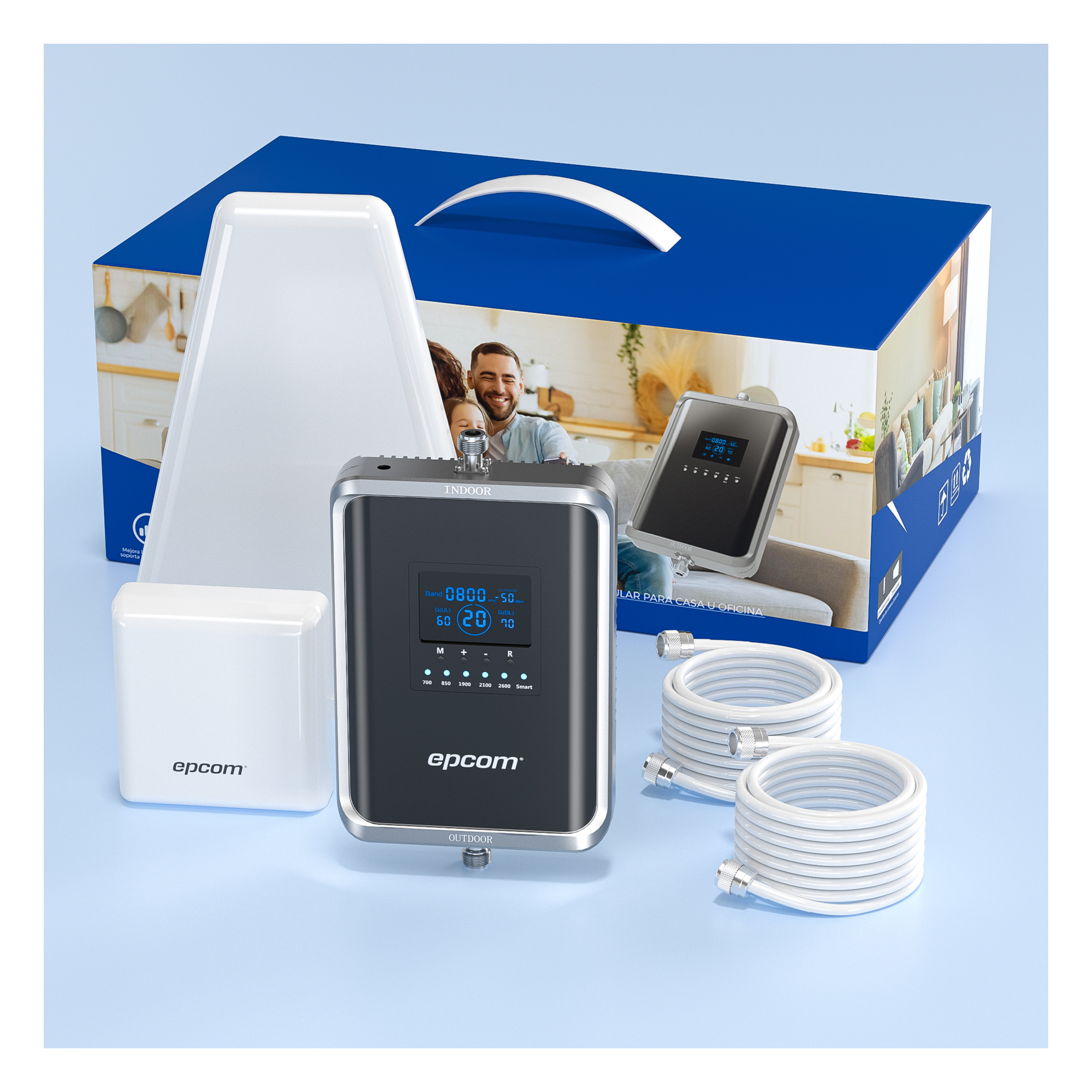 Amplificador Celular 5G / Penta Banda 700-2600 MHz / 70 dB Ganancia / Cobertura 600 m² (6458.3 ft²) / 2G 3G 4G 5G / Sin Configuración