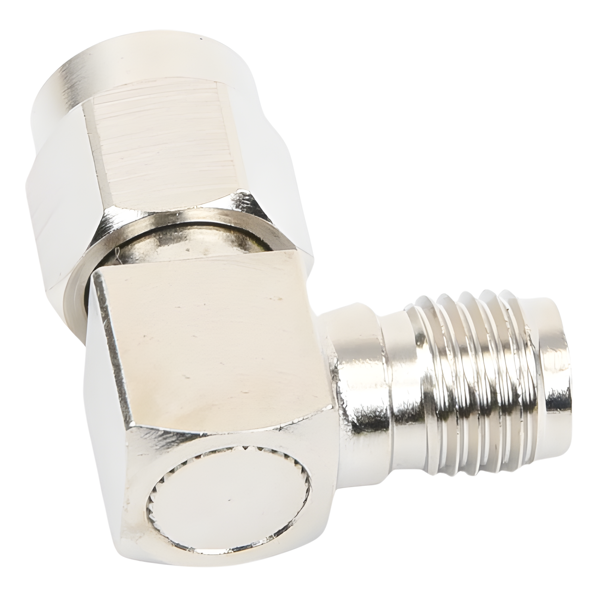 Adaptador RF Coaxial / Ángulo Recto / SMA Macho a SMA Hembra / Cuerpo Bronce Niquelado / Contacto Oro / Aislante Teflón