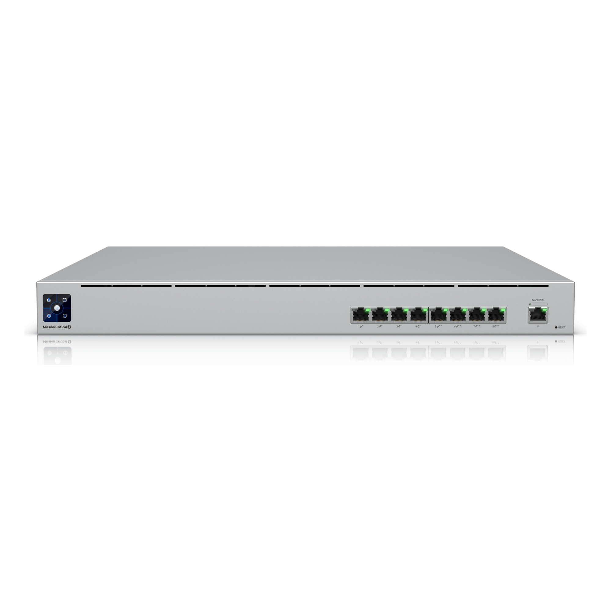 Switch PoE Administrable / 8 Puertos PoE+ y PoE++ / 120 W Totales / Batería UPS 368 Wh / 2 Salidas AC 230 V / Rack 1U — UBIQUITI · SKU USW-MISSION-CRITICAL