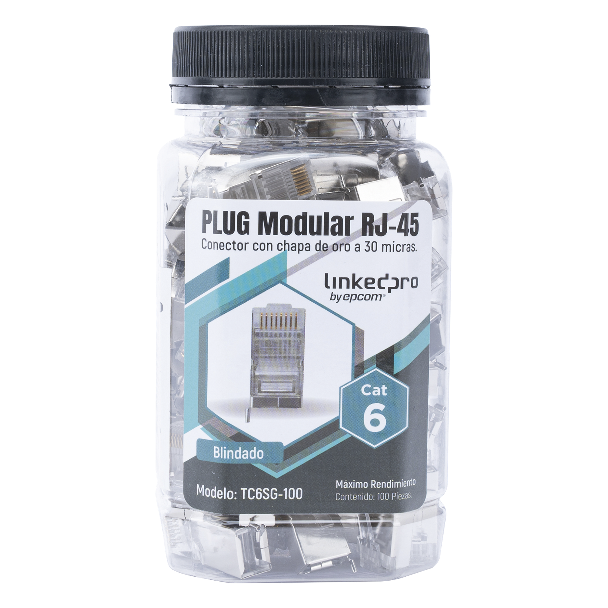 Plug Modular RJ45 / Cat6 Blindado / Pin de Tierra / Chapado Oro 30 Micras / 23 AWG / 100 Piezas — LINKEDPRO BY EPCOM · SKU TC6SG-100
