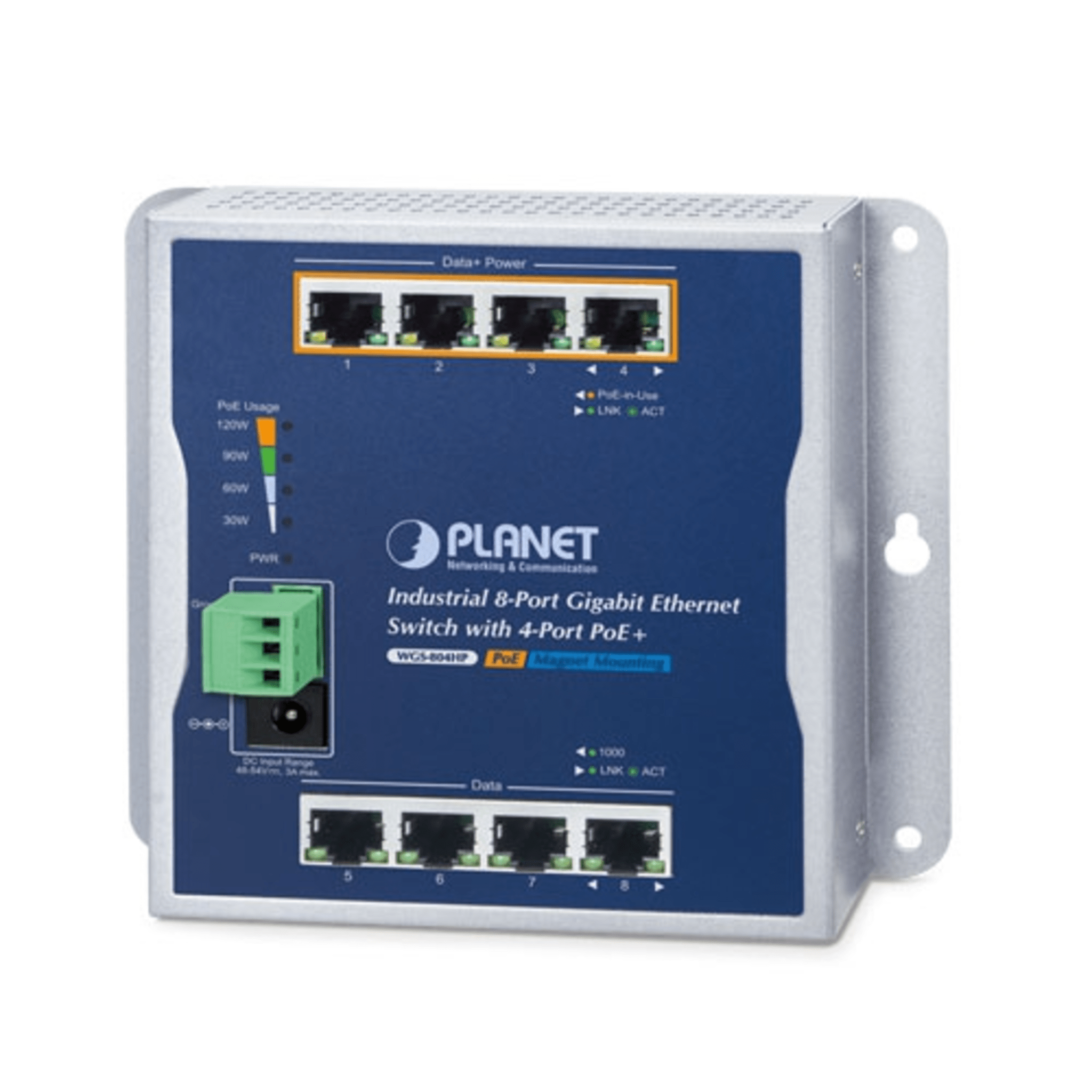 Switch Industrial No Administrable, Múltiple Montaje (Pared, Riel DIN y Magnético), 8 Puertos Gigabit con 4 puertos PoE 802.3at, Hasta 120 W.