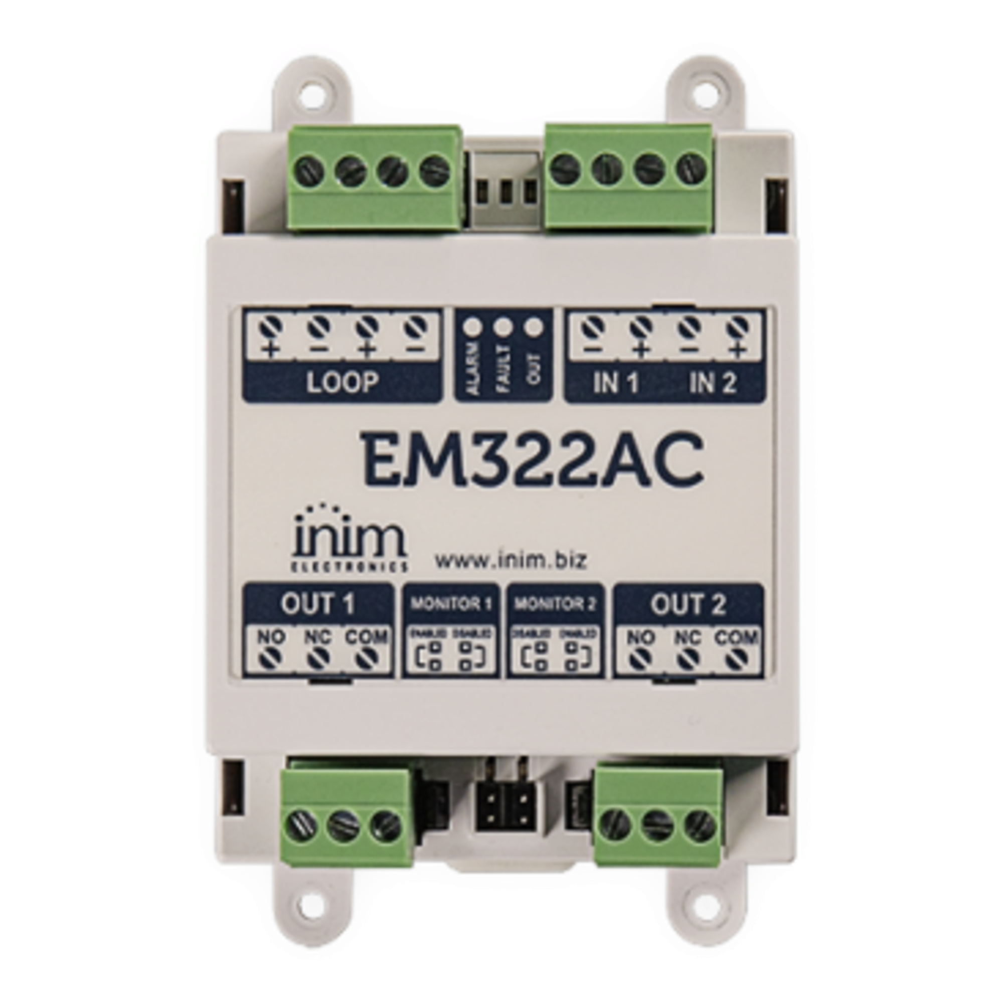 Módulo de Control / 2 Entradas Supervisadas / 2 Salidas de Relé 230 VCA / LoopMap / Autodireccionamiento 240 Direcciones / EN54-17 y EN54-18 — INIM ELECTRONICS · SKU EM322AC